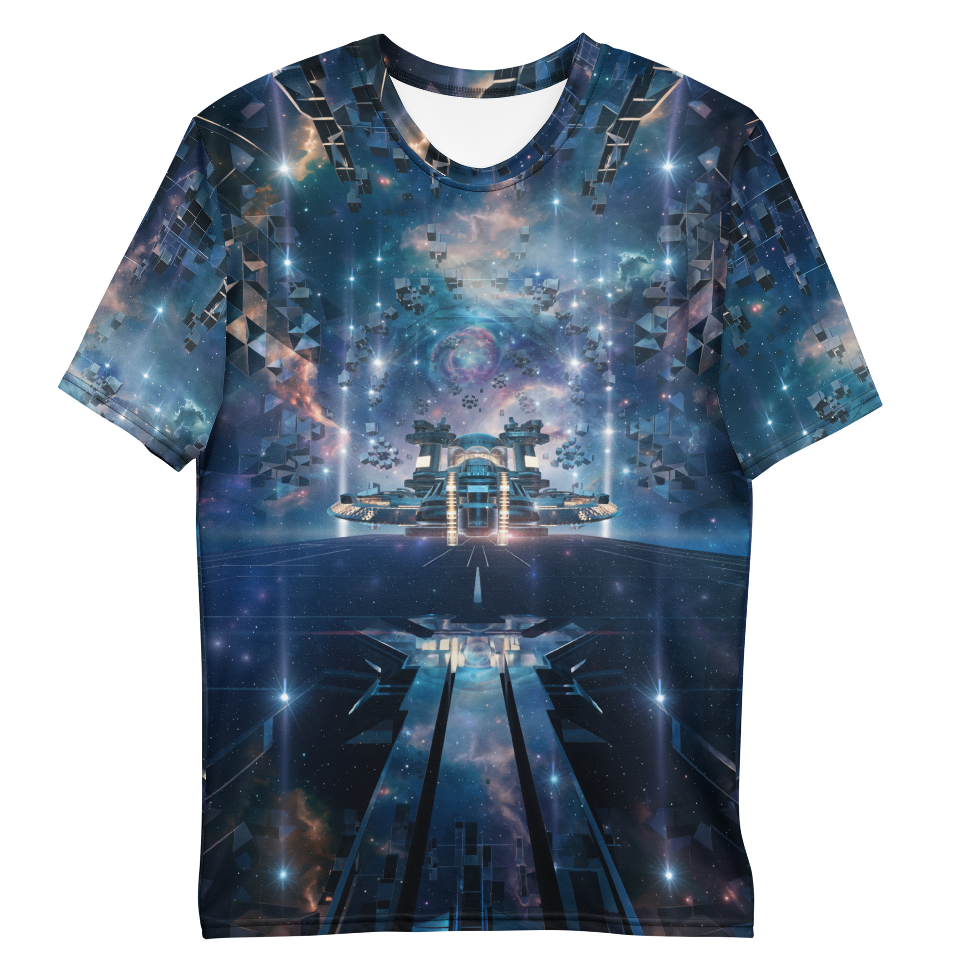All-over print T-shirt with surreal futuristic abstract artwork with floating shapes and glowing light in a digital space, abstract design on each sleeve, front flat lay