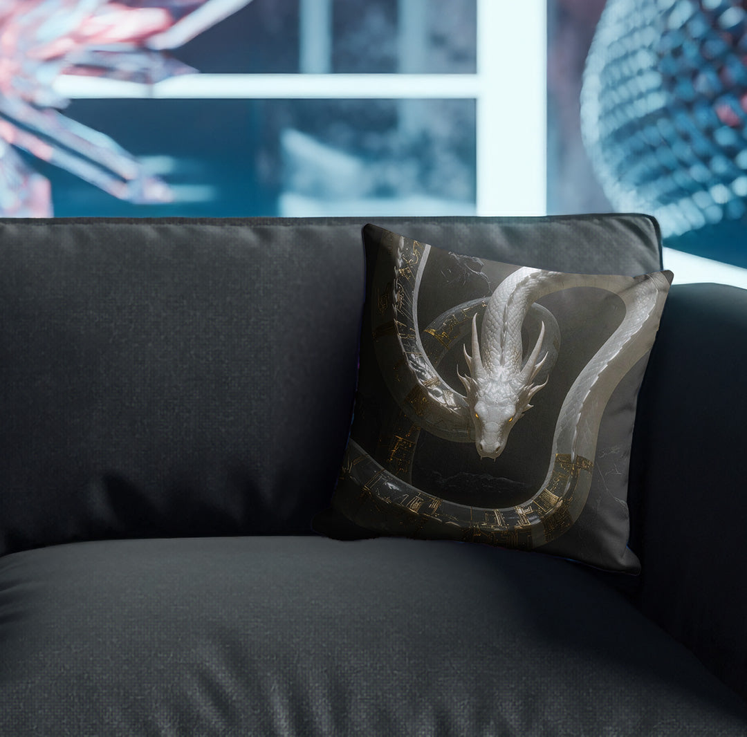 Pillow with dragon design on couch