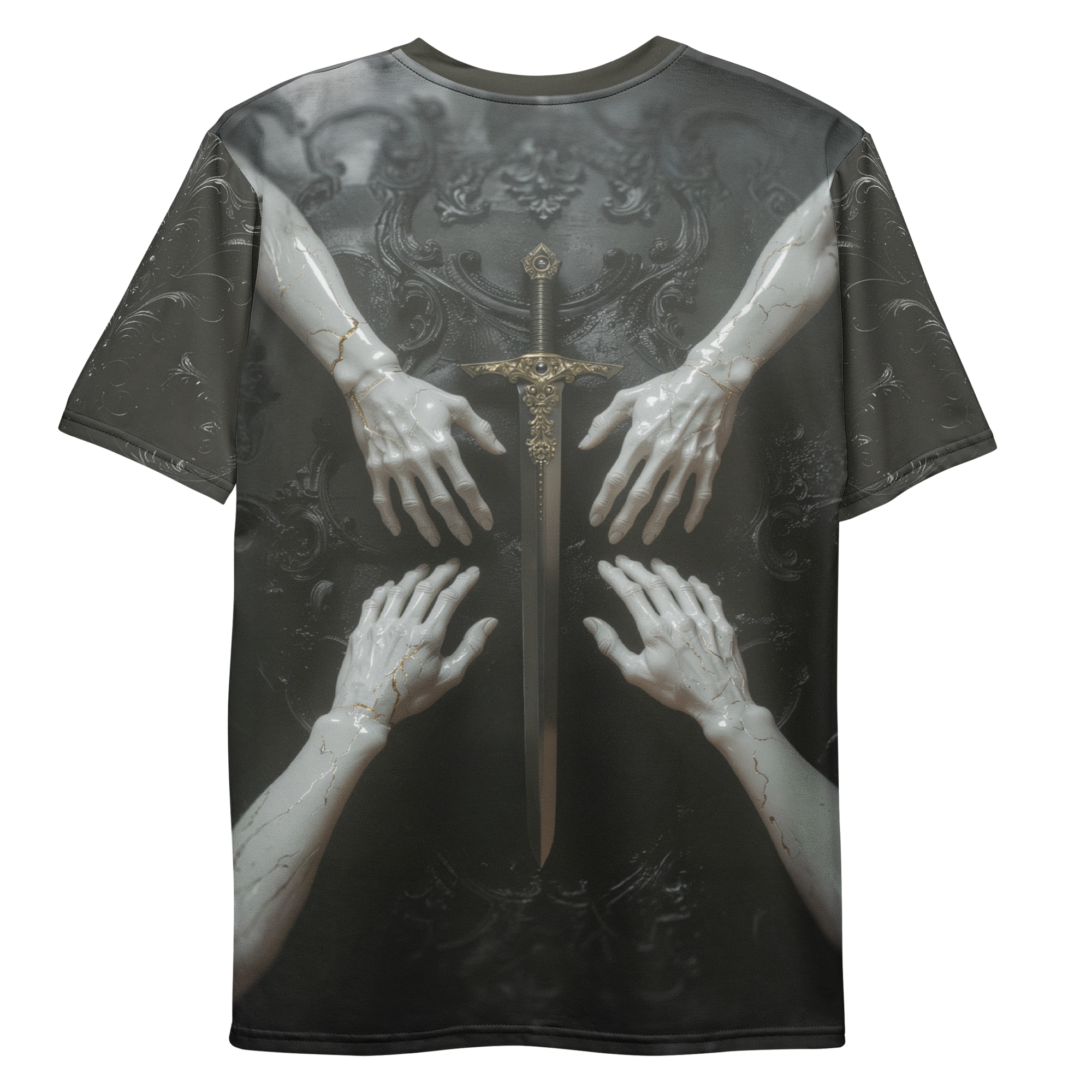 All-over print T-shirt with hands and a sword, abstract pattern on each sleeve, back flat lay