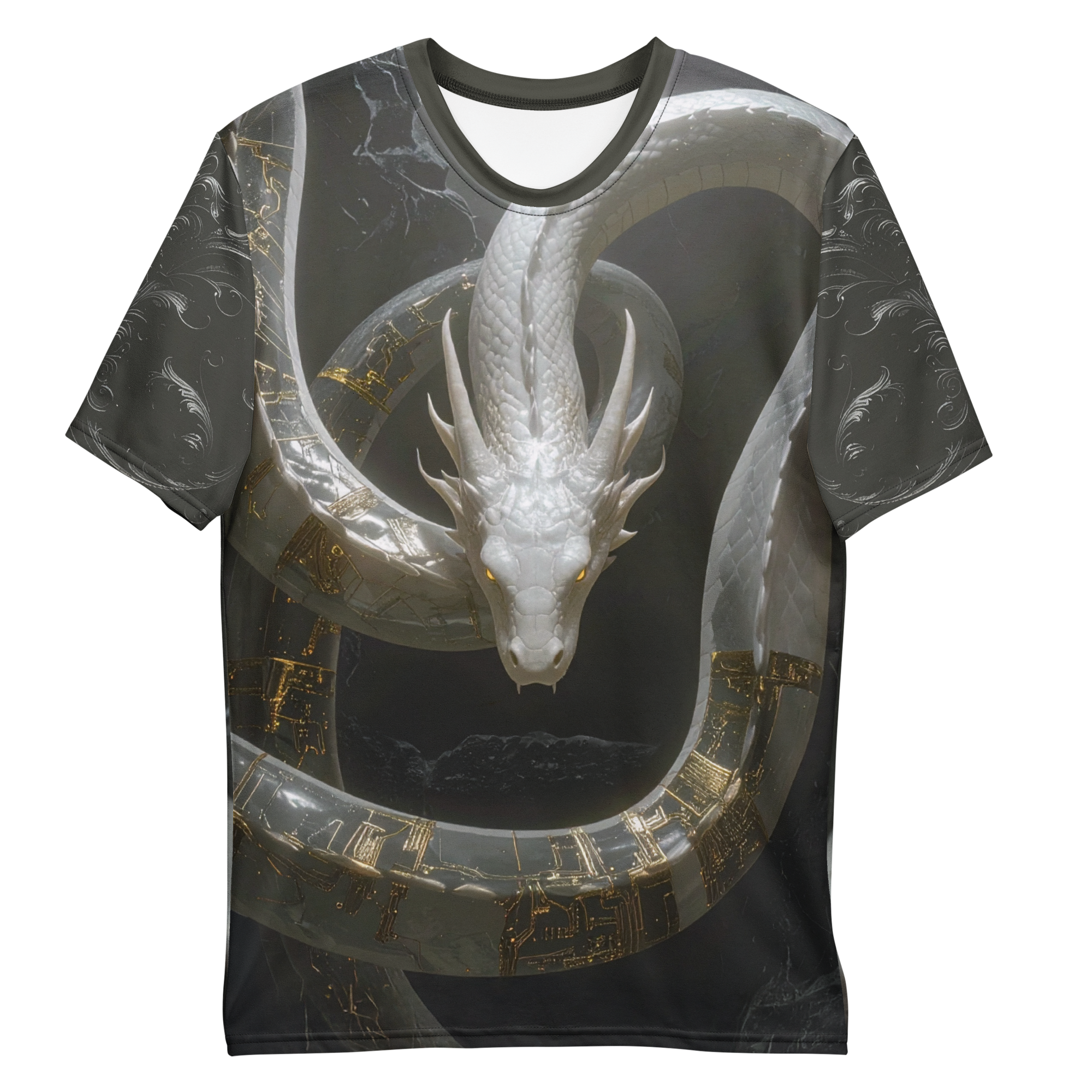 All-over print T-shirt with dragon, abstract pattern on each sleeve, front flat lay