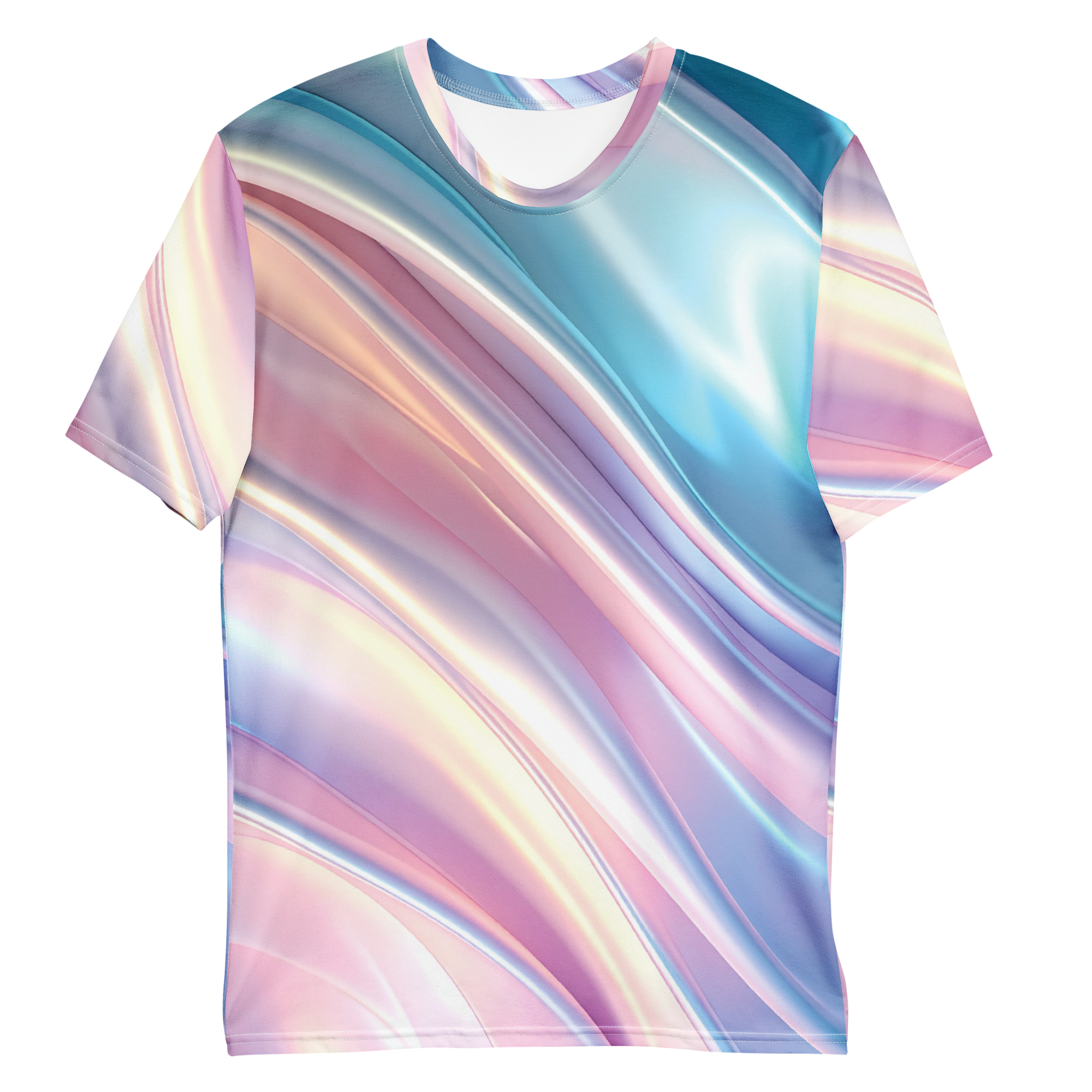 All-over print T-shirt with abstract pattern, abstract pattern on each sleeve, front flat lay