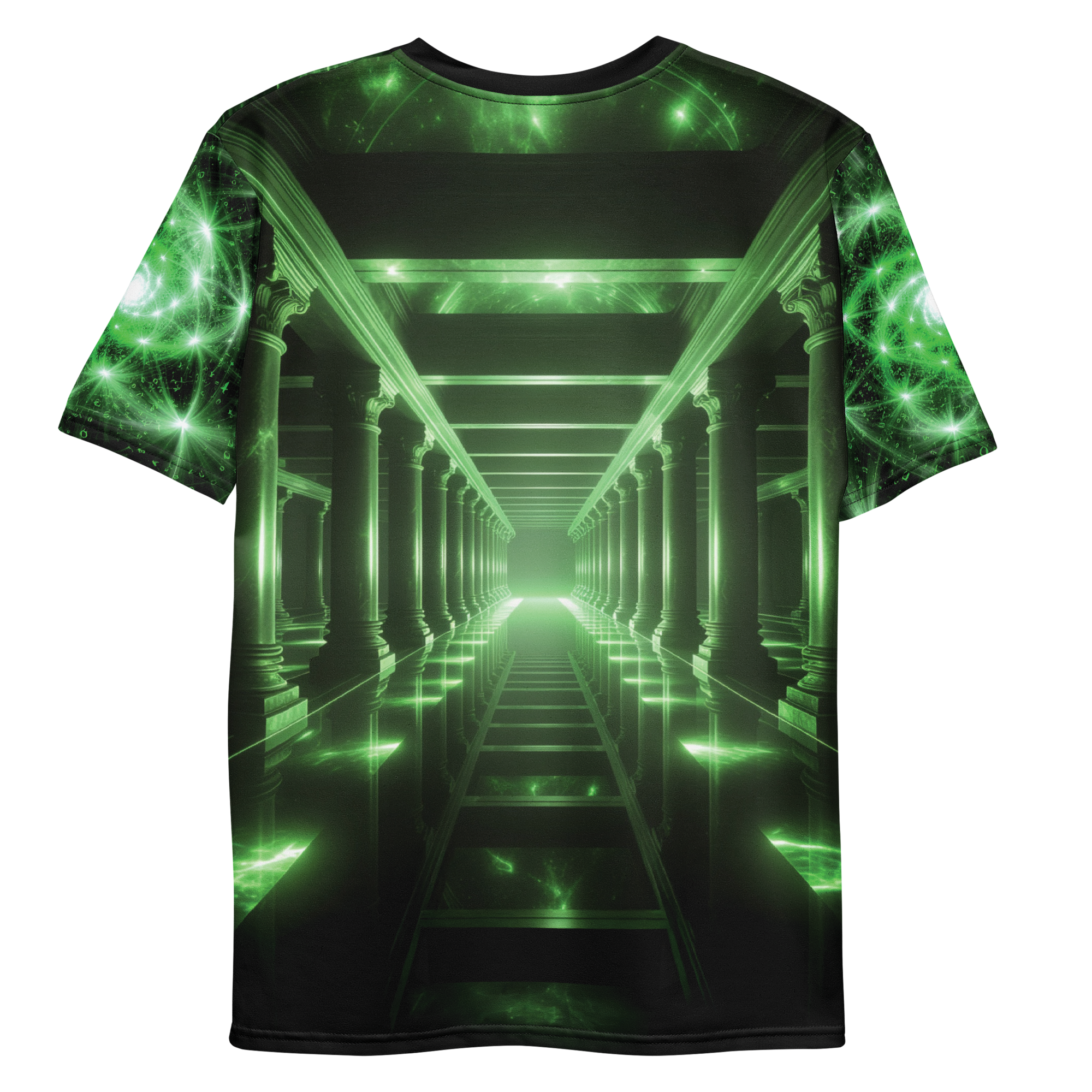 All-over print T-shirt with interior architectural scene featuring columns, abstract design on each sleeve, back flat lay