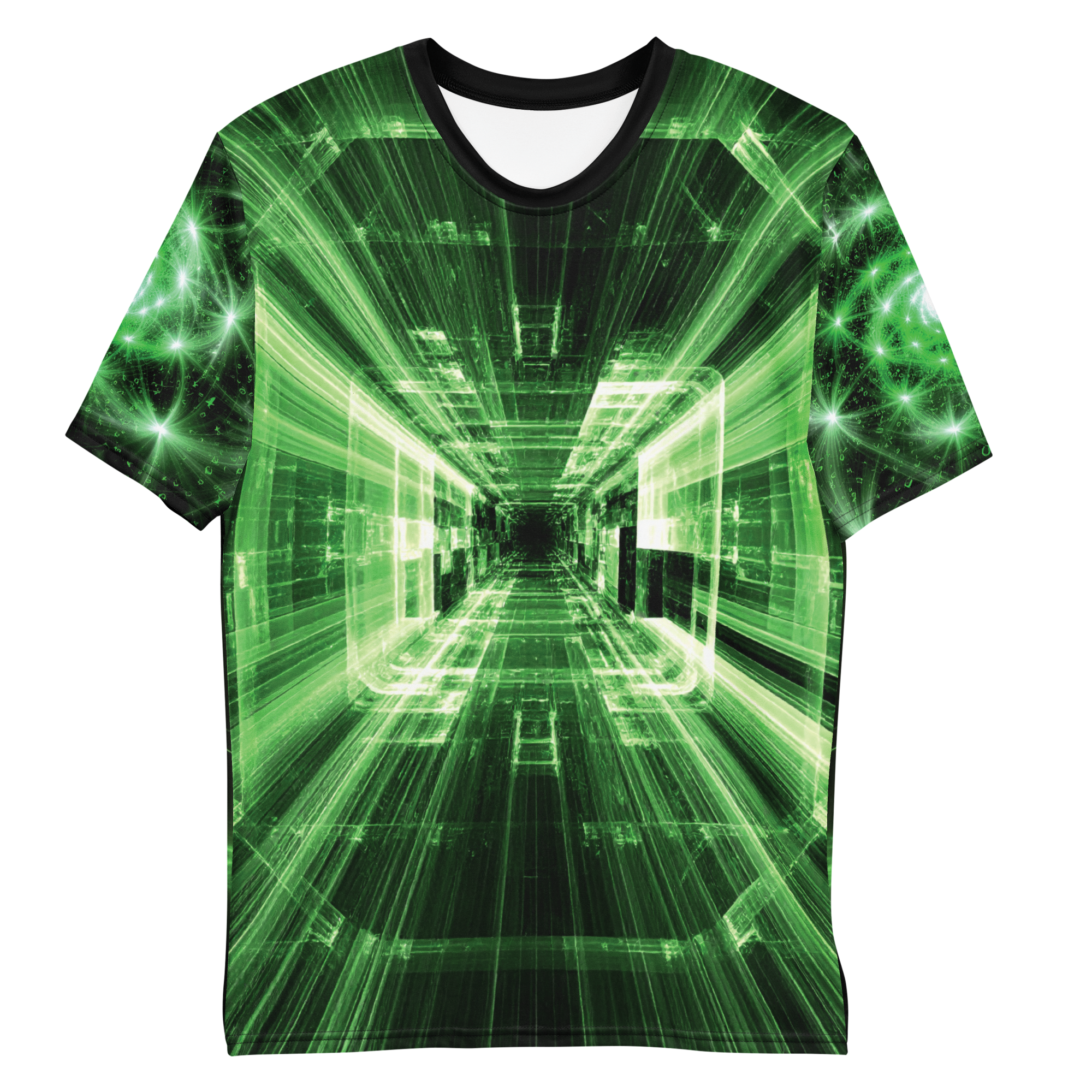 All-over print T-shirt with abstract design, abstract design on each sleeve, front flat lay