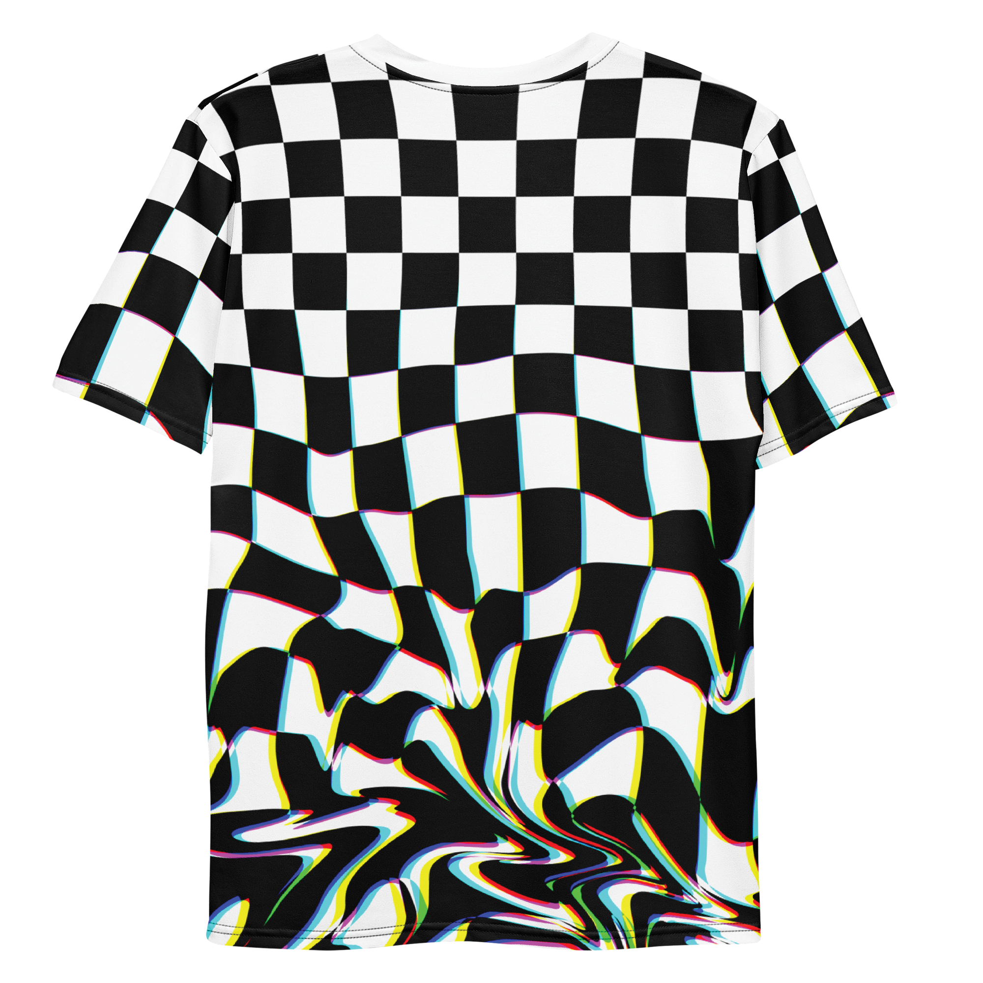 All-over print T-shirt with abstract checkerboard pattern, abstract checkerboard pattern on each sleeve, back flat lay
