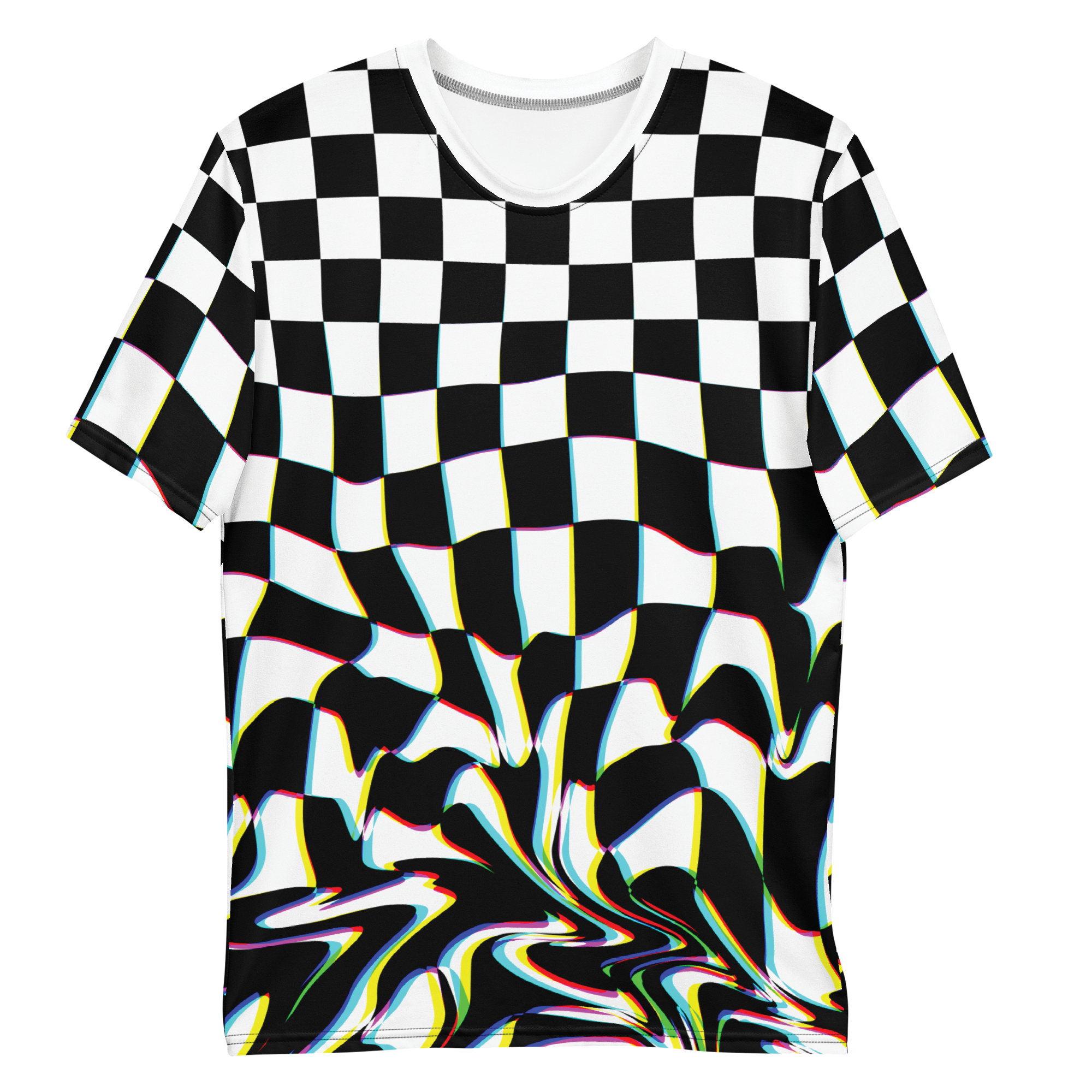 All-over print T-shirt with abstract checkerboard pattern, abstract checkerboard pattern on each sleeve, front flat lay