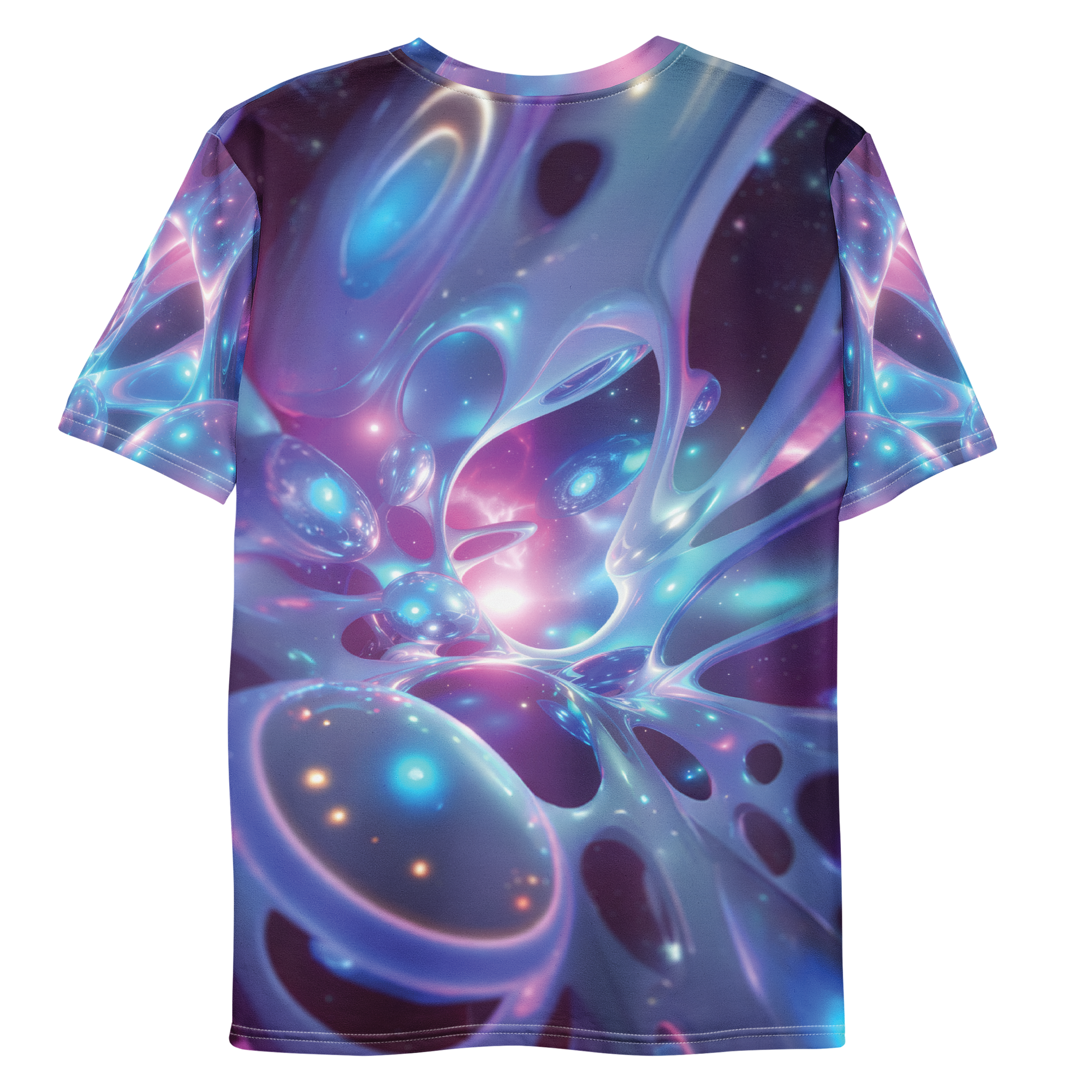 All-over print T-shirt with abstract design, abstract design on each sleeve, back flat lay
