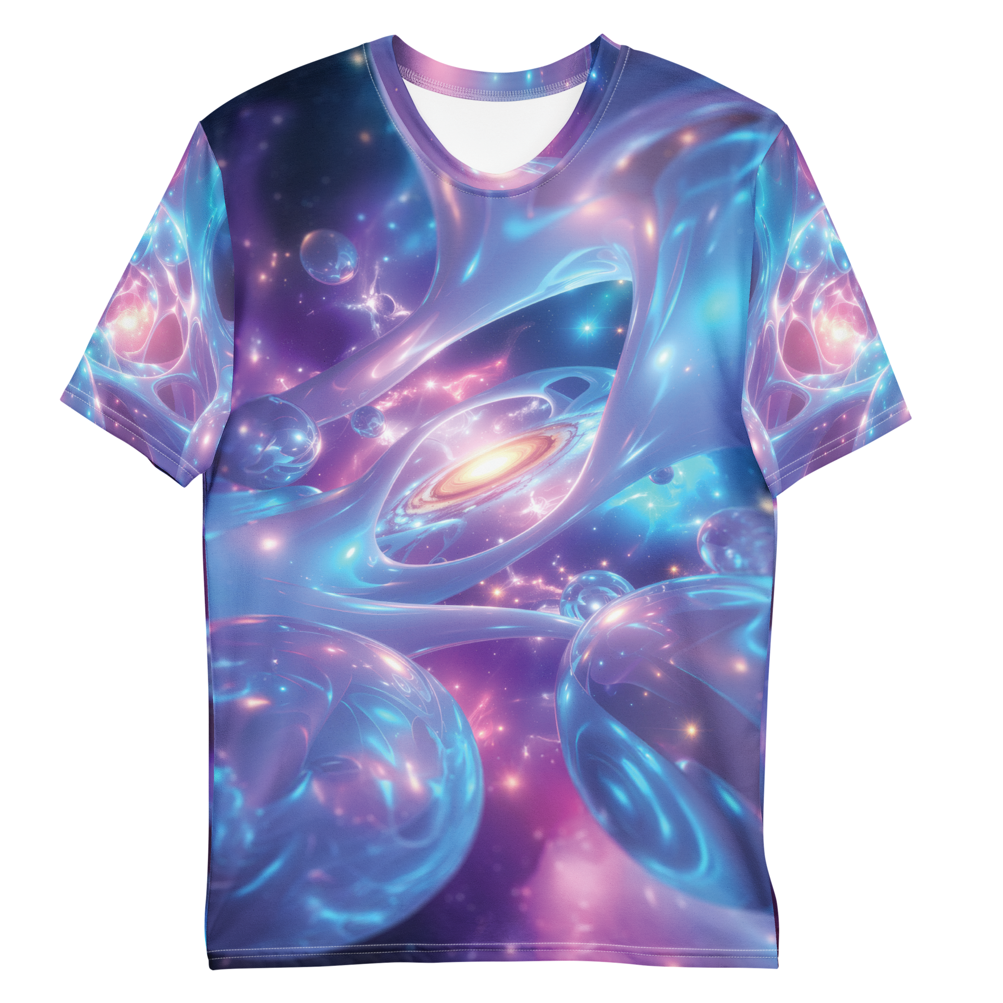 All-over print T-shirt with galaxy design, galaxy design on each sleeve, front flat lay