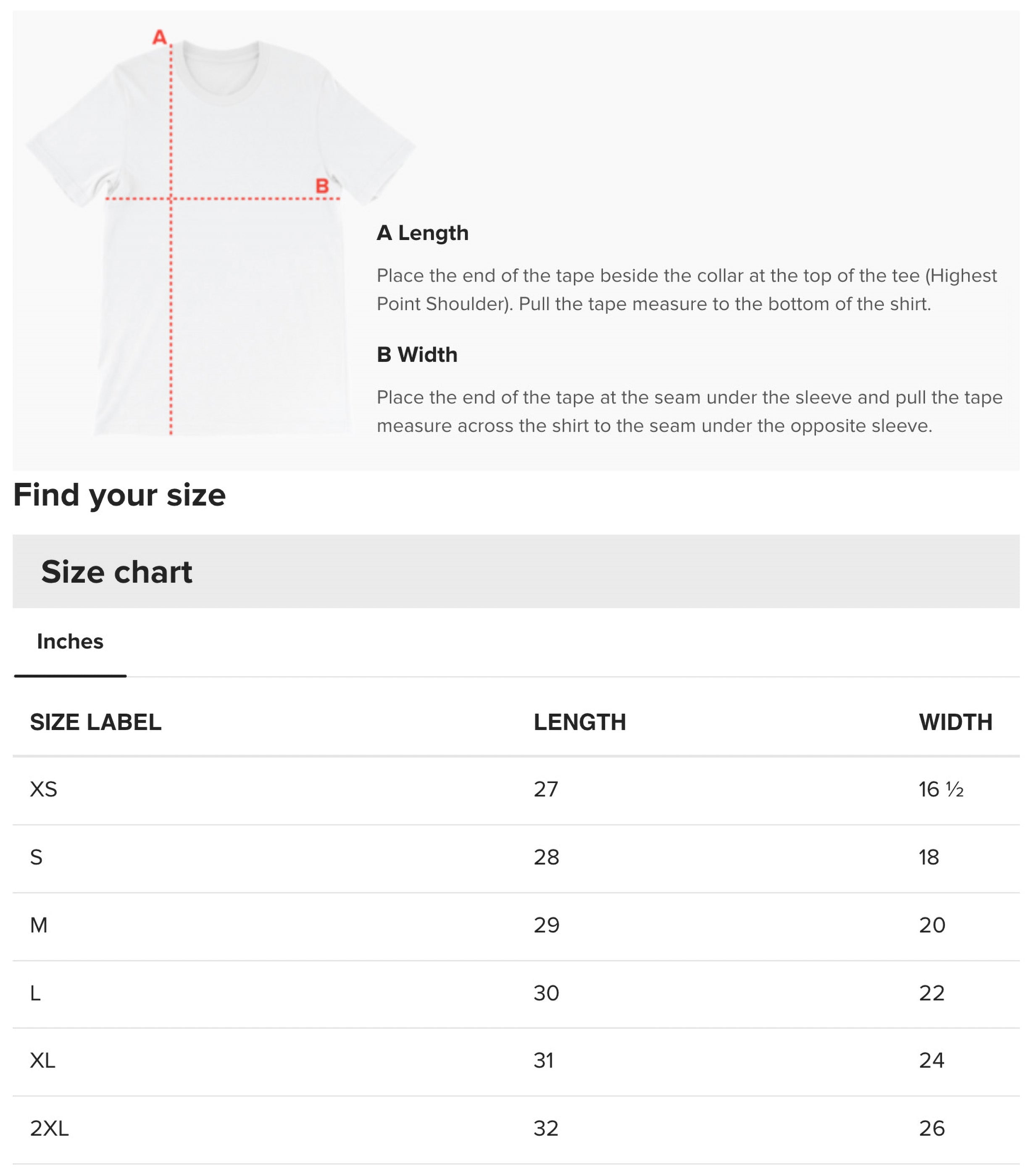 Size chart for graphic T-shirt in inches, sizes XS–2XL