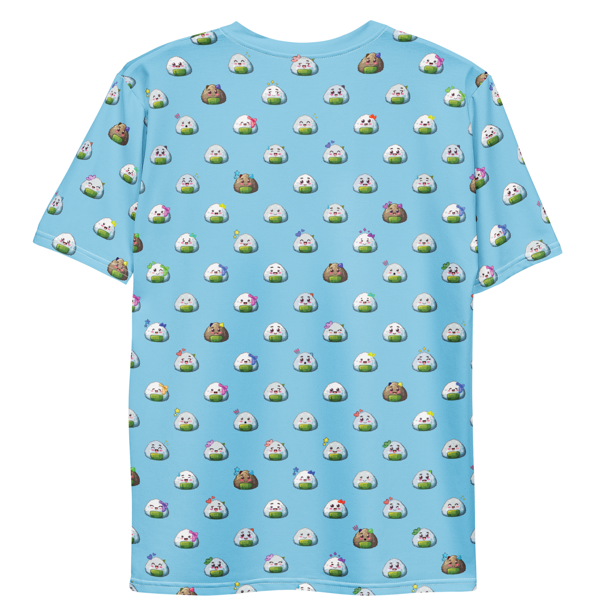 All-over print T-shirt with onigiri pattern, onigiri pattern on each sleeve, back flat lay