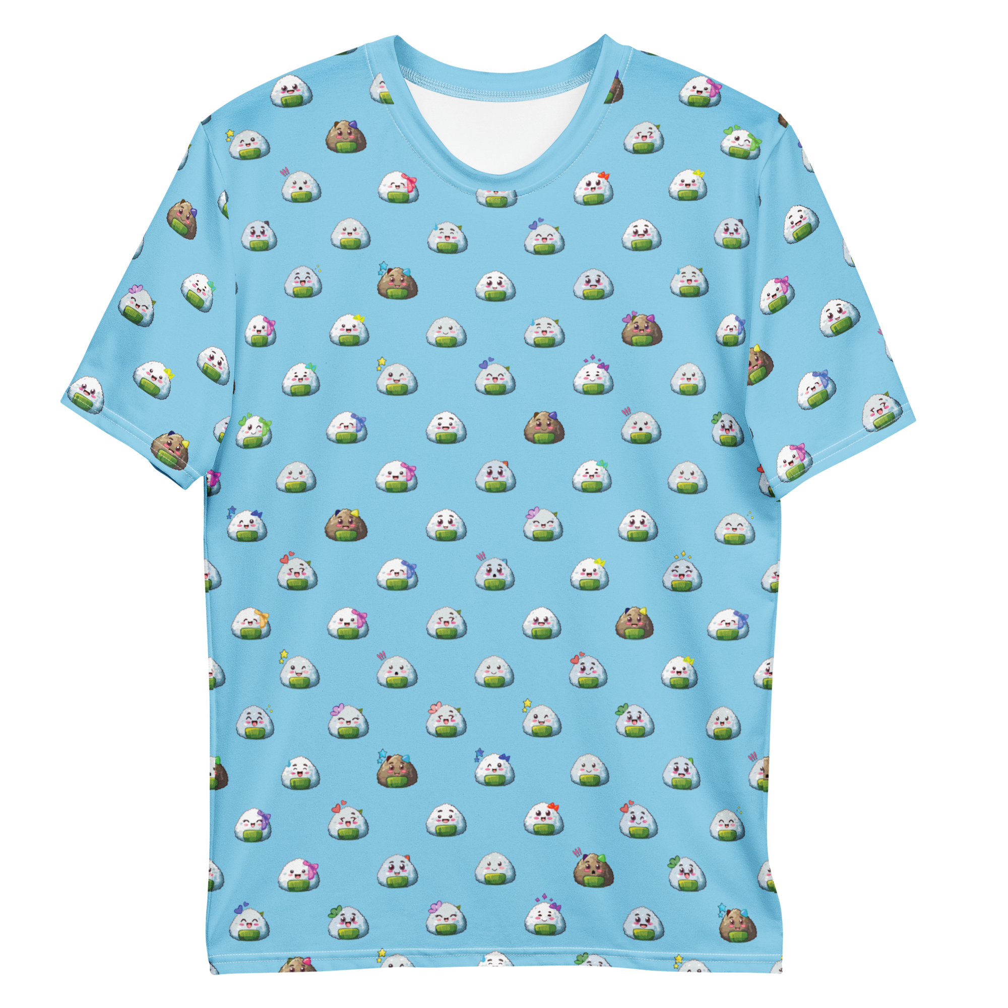 All-over print T-shirt with onigiri pattern, onigiri pattern on each sleeve, front flat lay