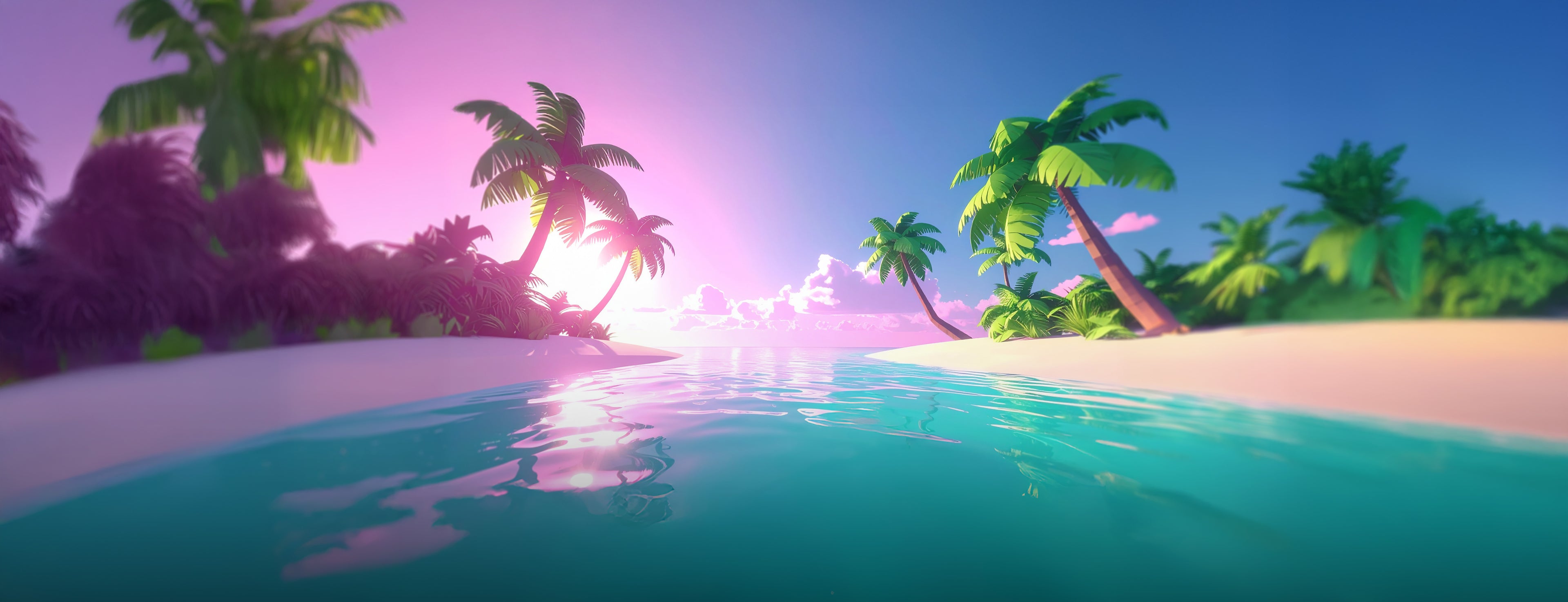 Tropical island with palm trees and a sunset over water