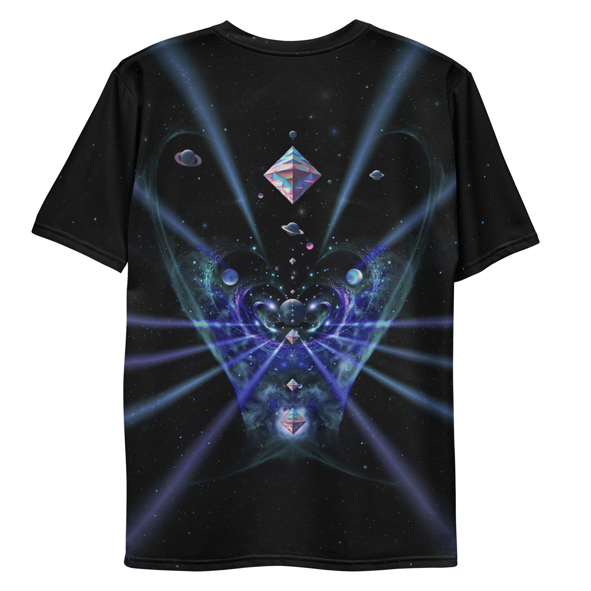 All-over print T-shirt with surreal futuristic abstract artwork with floating shapes and glowing light in a digital space, abstract design on each sleeve, back flat lay