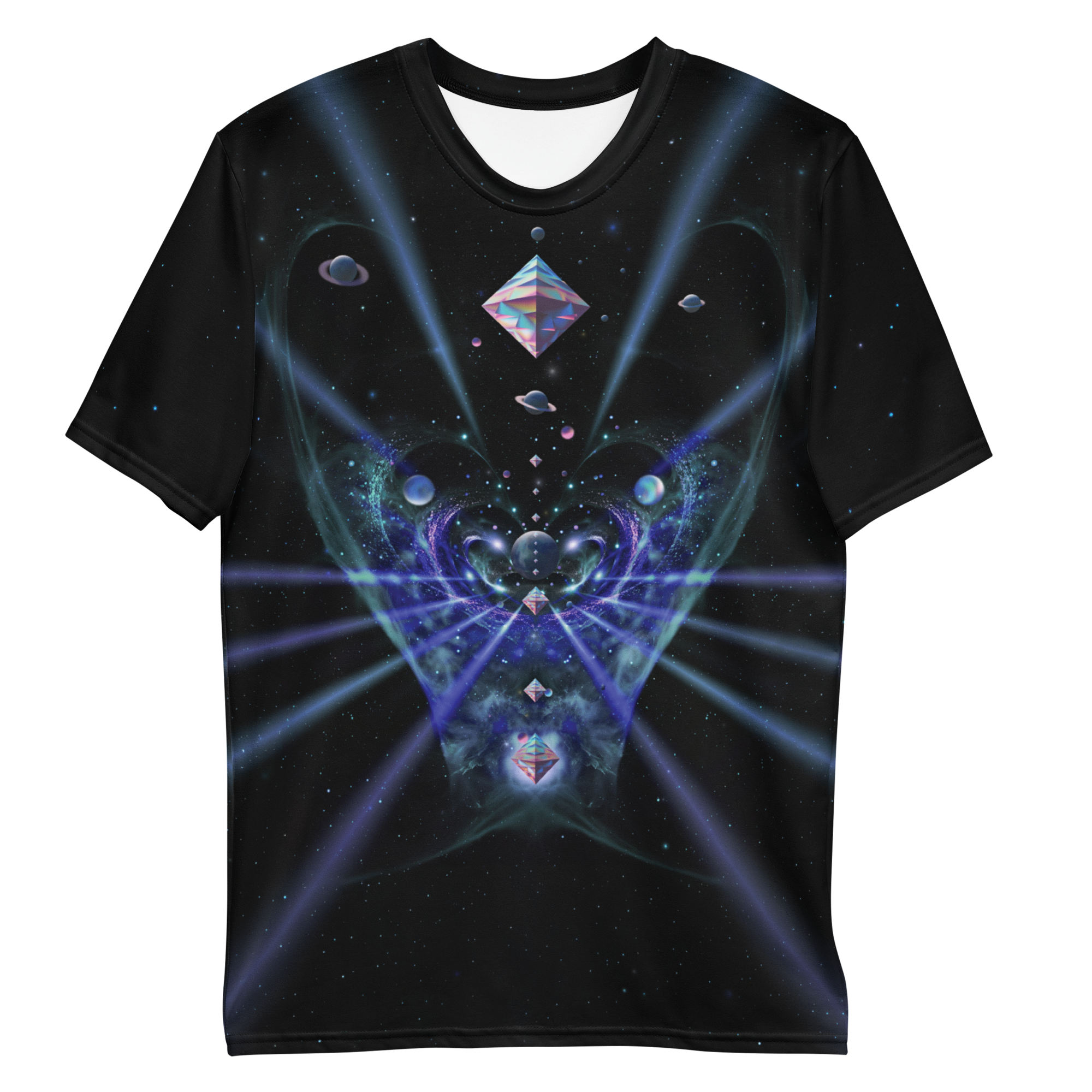 All-over print T-shirt with surreal futuristic abstract artwork with floating shapes and glowing light in a digital space, abstract design on each sleeve, front flat lay