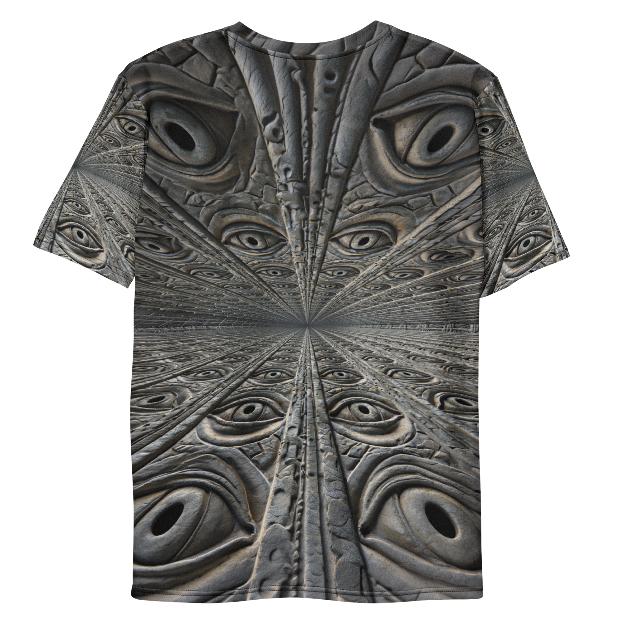 All-over print T-shirt with surreal futuristic abstract artwork with infinite pattern of eyes, infinite pattern of eyes on each sleeve, back flat lay