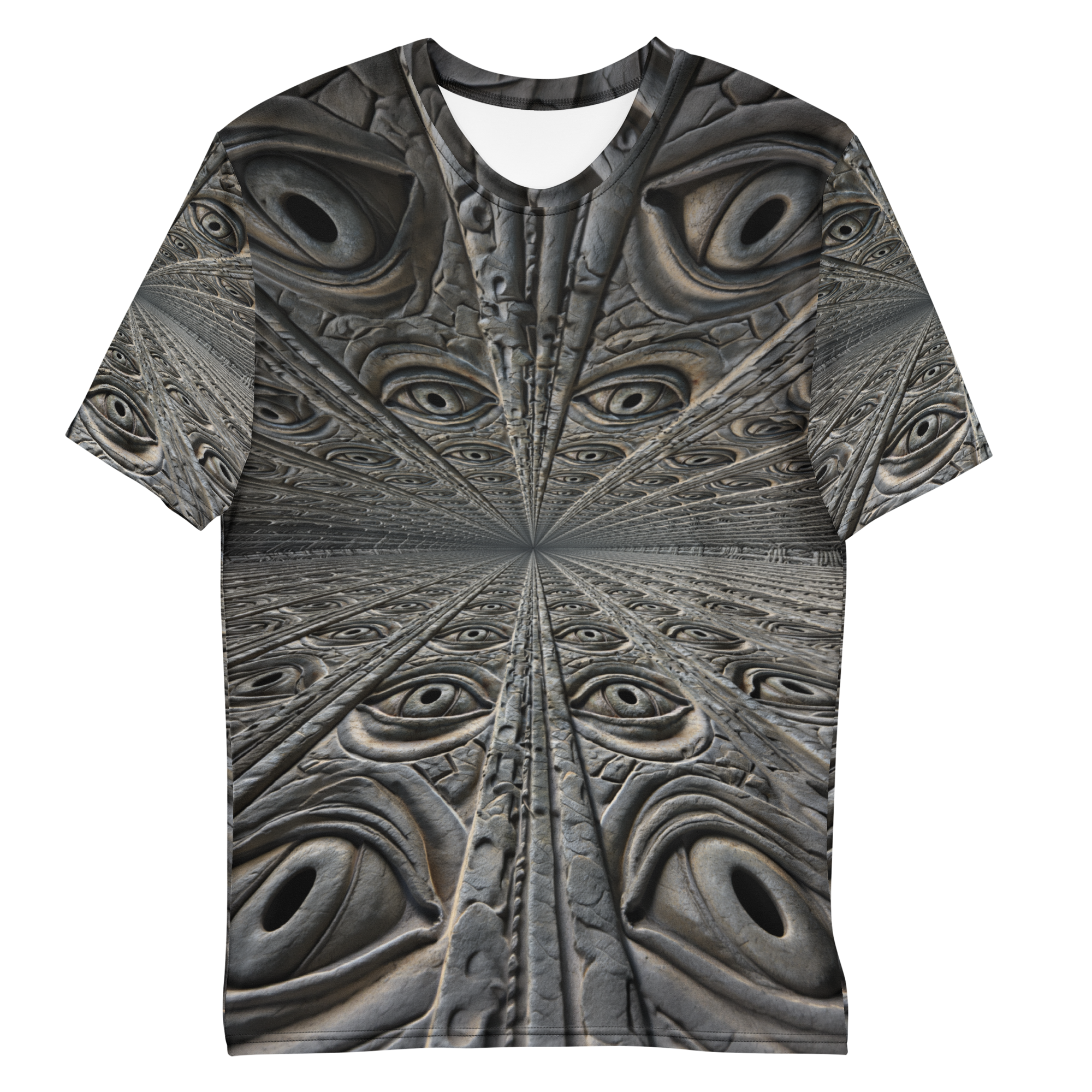 All-over print T-shirt with surreal futuristic abstract artwork with infinite pattern of eyes, infinite pattern of eyes on each sleeve, front flat lay