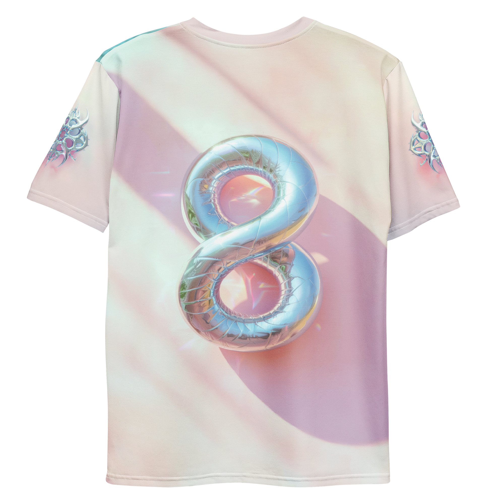 All-over print T-shirt with symbol centered on back, chrome symbol on each sleeve, front flat lay