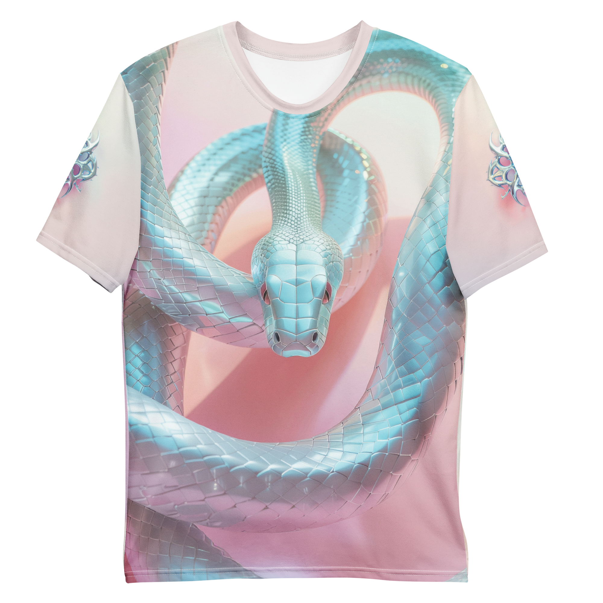 All-over print T-shirt with snake motif, chrome symbol on each sleeve, front flat lay