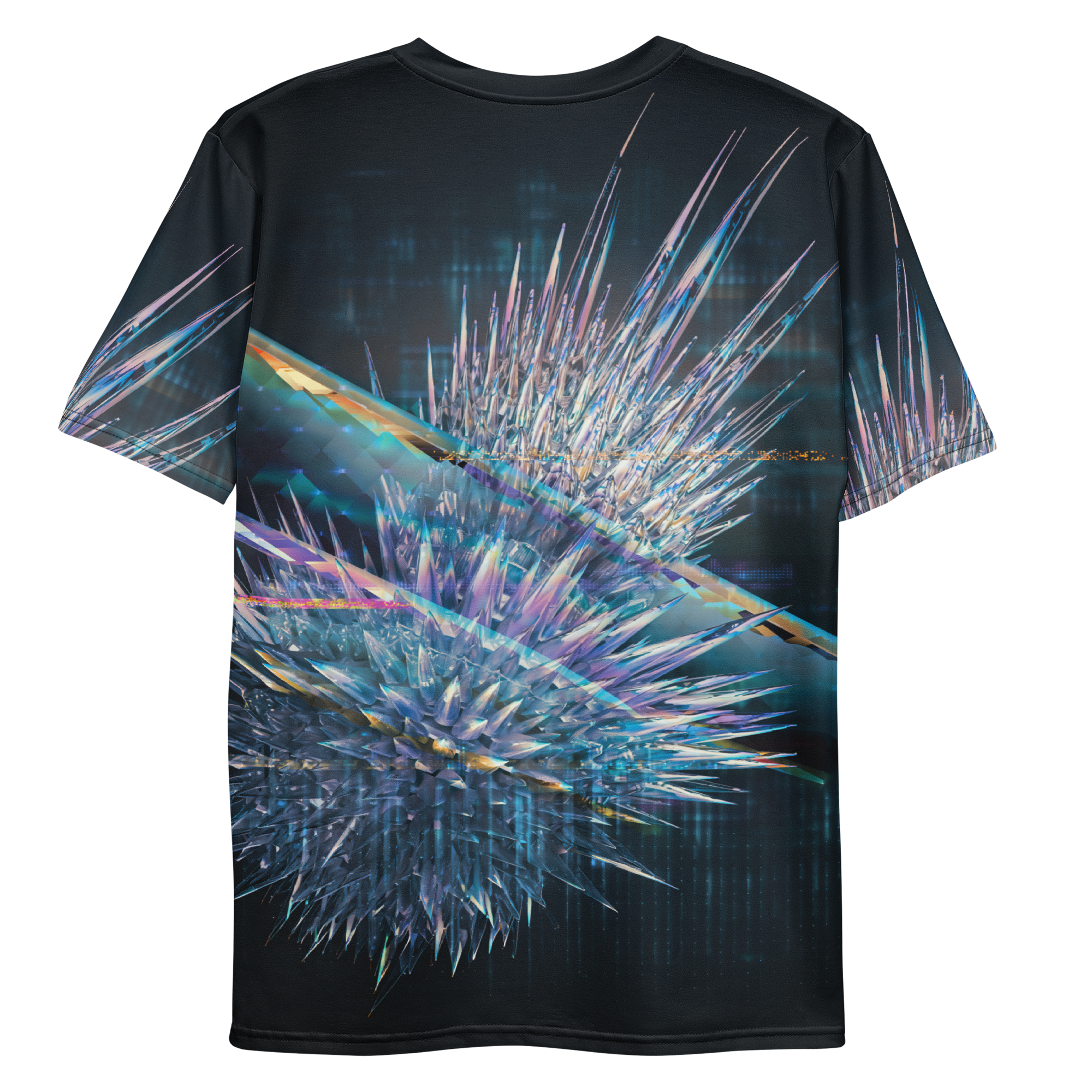 All-over print T-shirt with surreal futuristic abstract artwork with floating shapes and glowing light in a digital space, abstract design on each sleeve, back flat lay