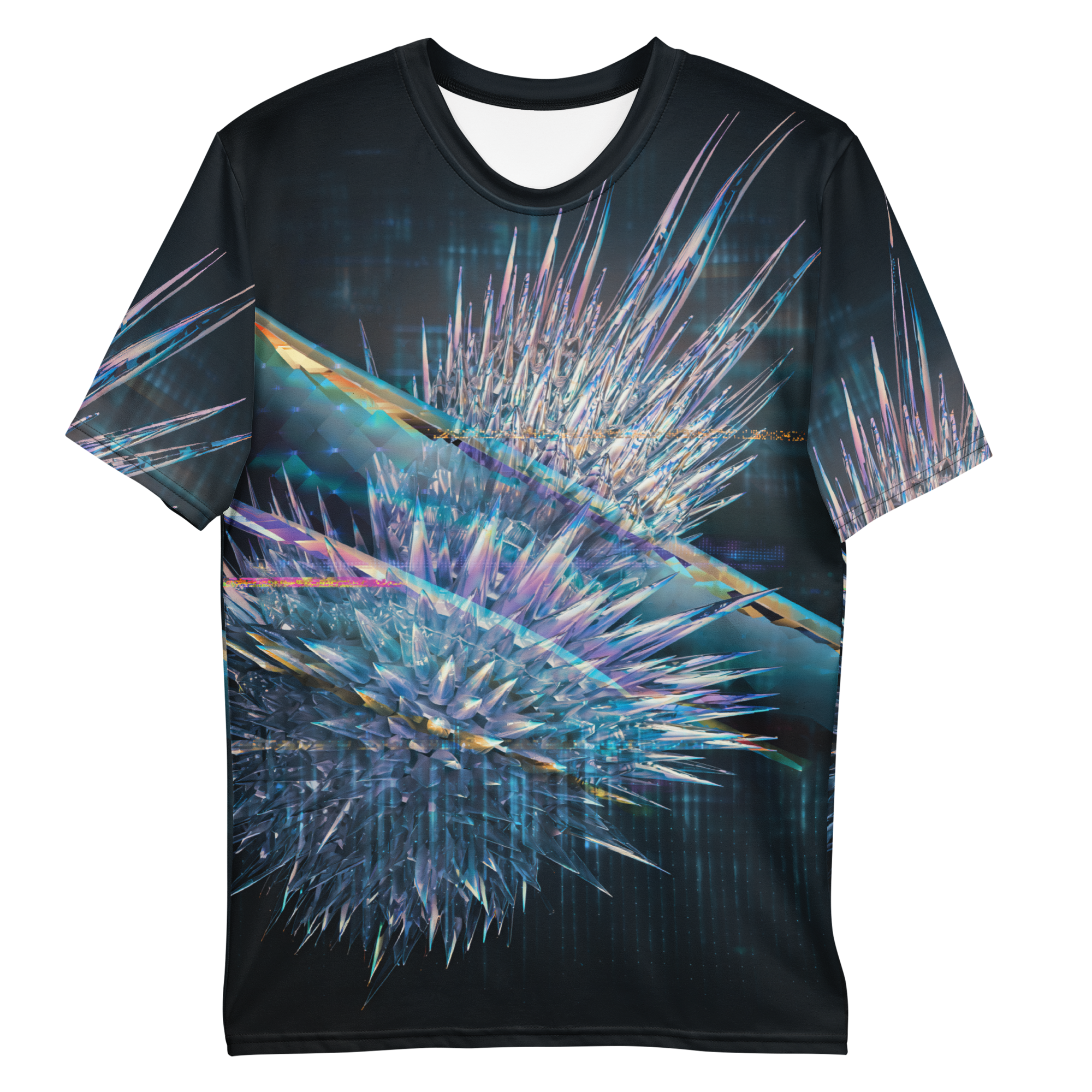 All-over print T-shirt with surreal futuristic abstract artwork with floating shapes and glowing light in a digital space, abstract design on each sleeve, front flat lay