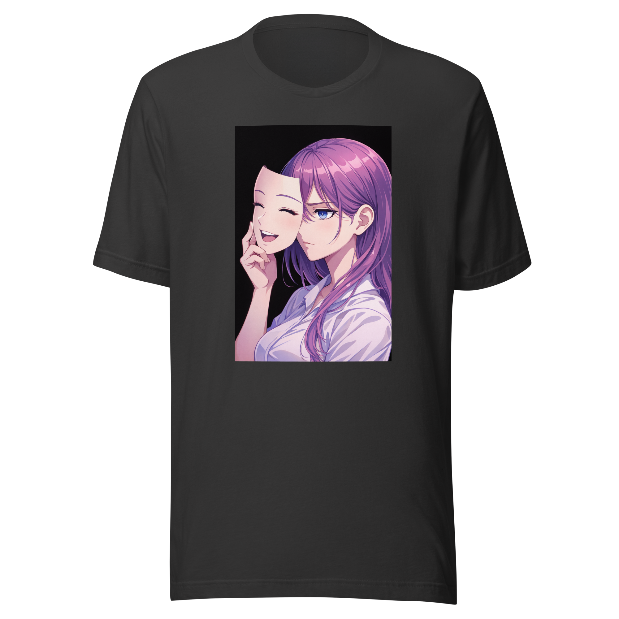 Dark grey tee, front, illustration of a woman holding a smiling mask in front of her face, revealing a more serious expression behind it, centered on upper chest