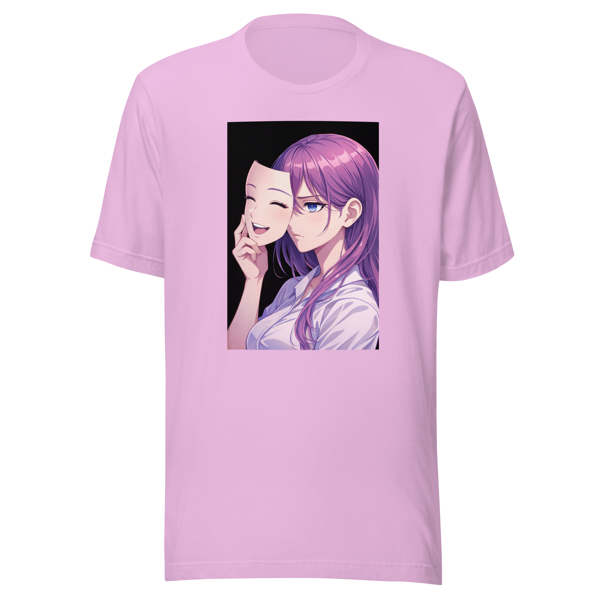 Lilac tee, front, illustration of a woman holding a smiling mask in front of her face, revealing a more serious expression behind it, centered on upper chest
