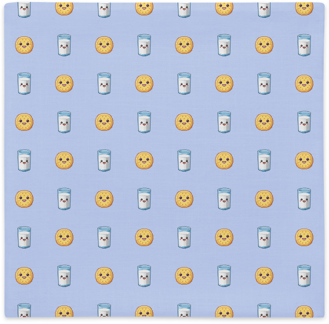 Pillow cover with milk and cookies pattern, flat lay