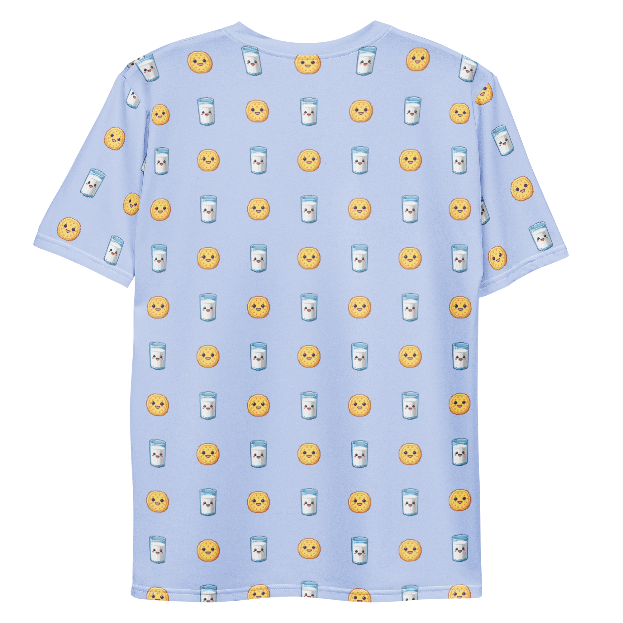 All-over print T-shirt with milk and cookies pattern, milk and cookies pattern on each sleeve, back flat lay