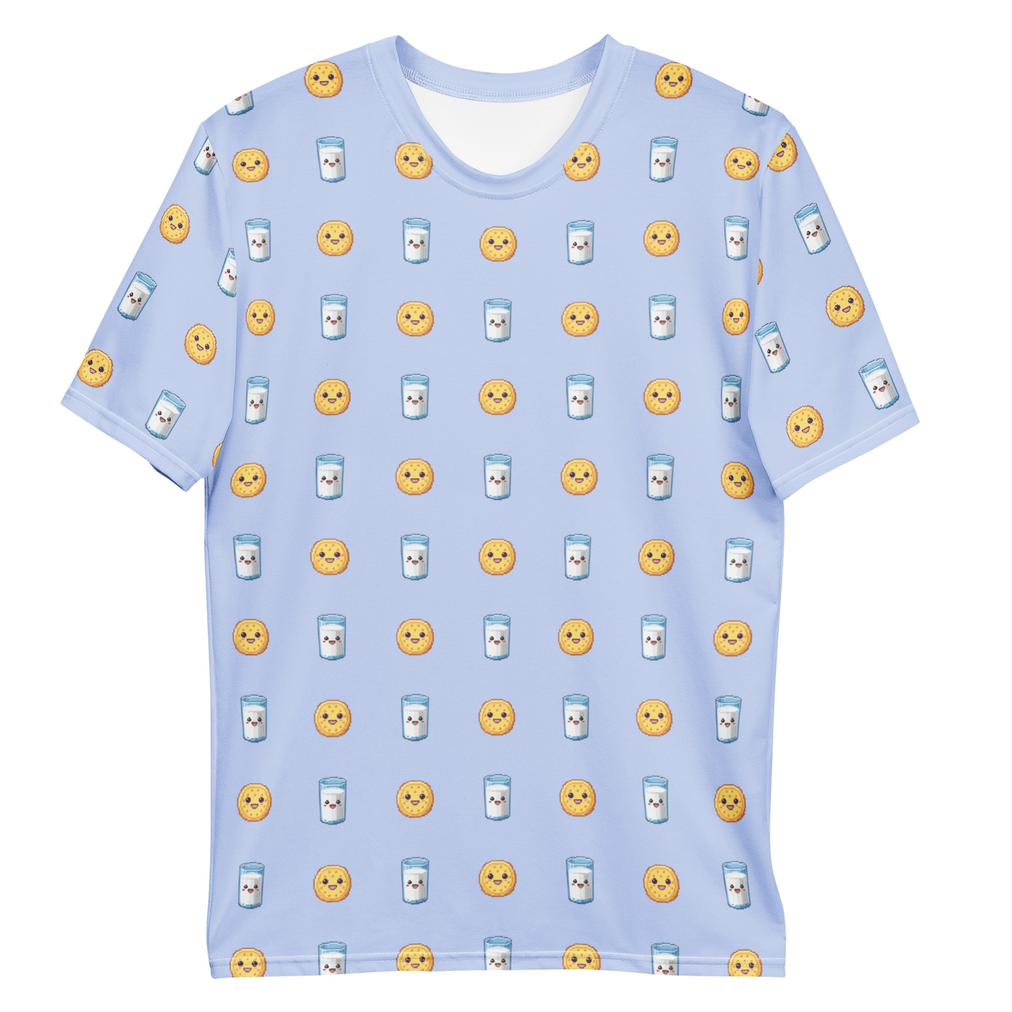 All-over print T-shirt with milk and cookies pattern, milk and cookies pattern on each sleeve, front flat lay