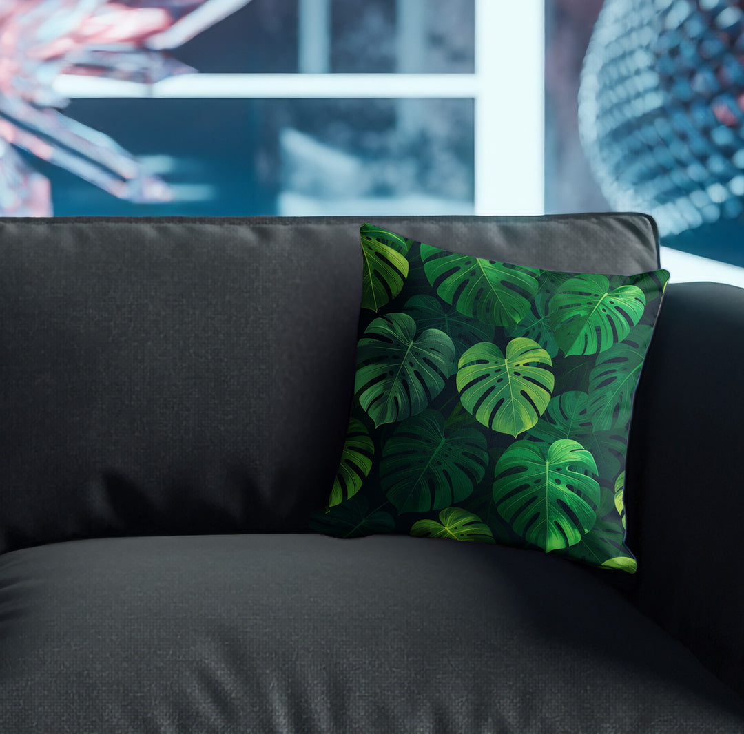 Pillow with monstera pattern on couch