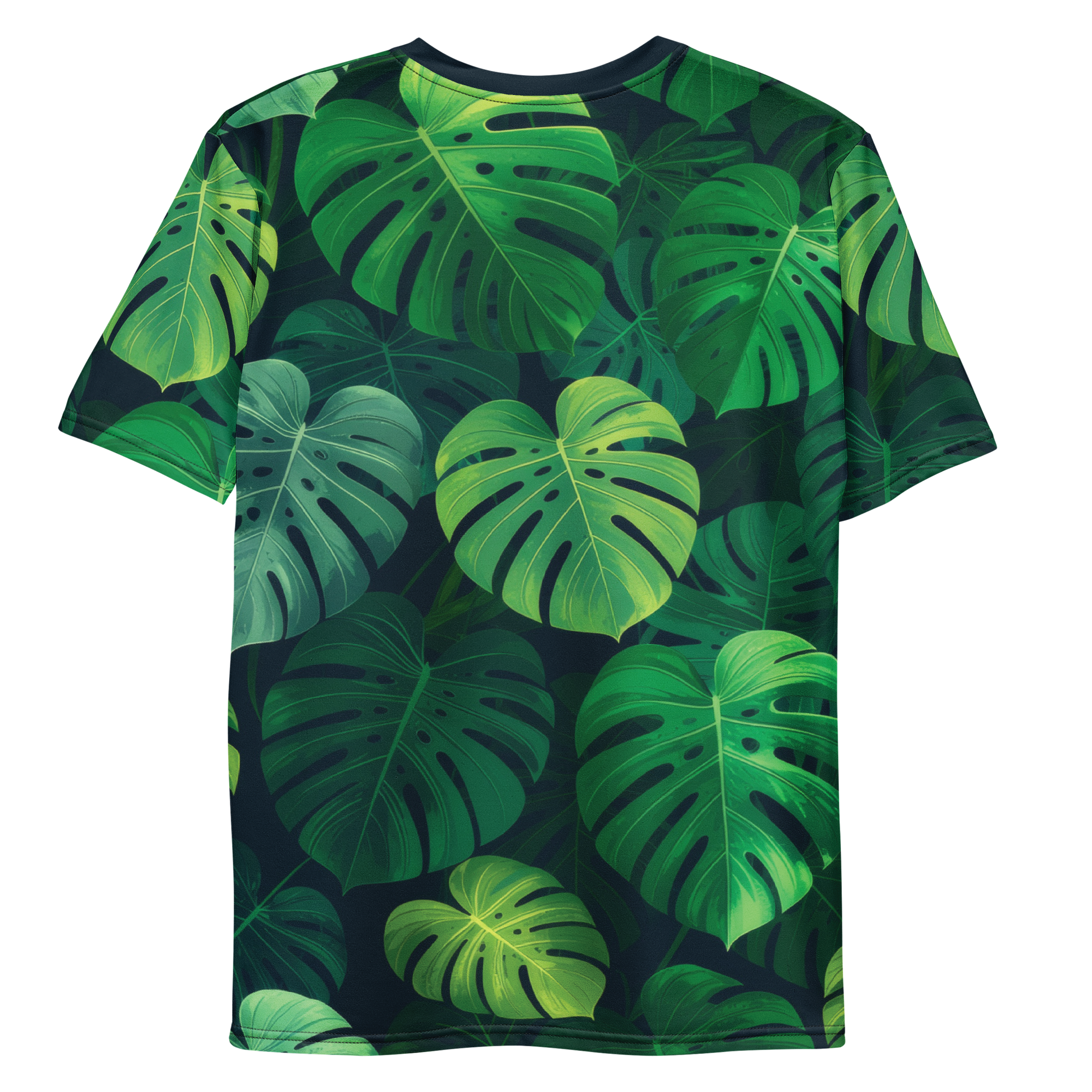 All-over print T-shirt with monstera pattern, monstera pattern on each sleeve, back flat lay