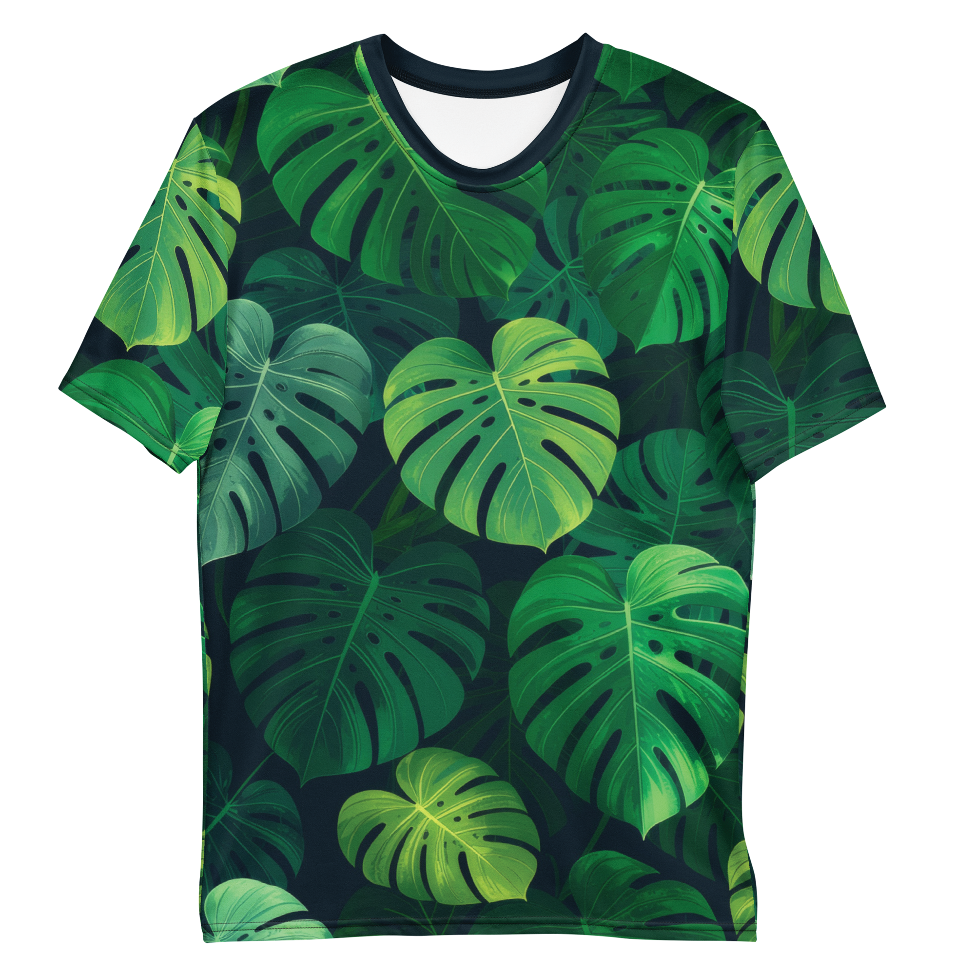 All-over print T-shirt with monstera pattern, monstera pattern on each sleeve, front flat lay