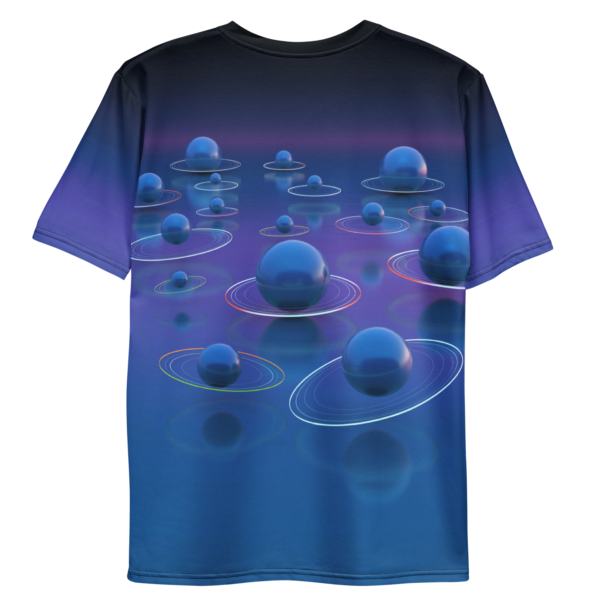 All-over print T-shirt with surreal futuristic abstract artwork with floating shapes and glowing light in a digital space, purple blue gradient color on each sleeve, back flat lay