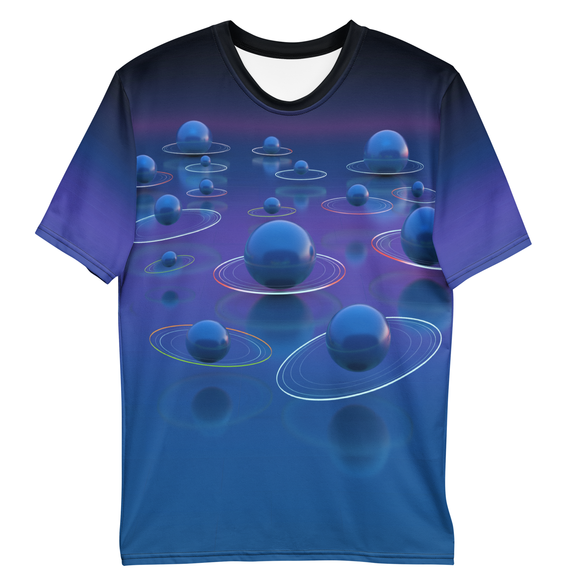 All-over print T-shirt with surreal futuristic abstract artwork with floating shapes and glowing light in a digital space, purple blue gradient color on each sleeve, front flat lay