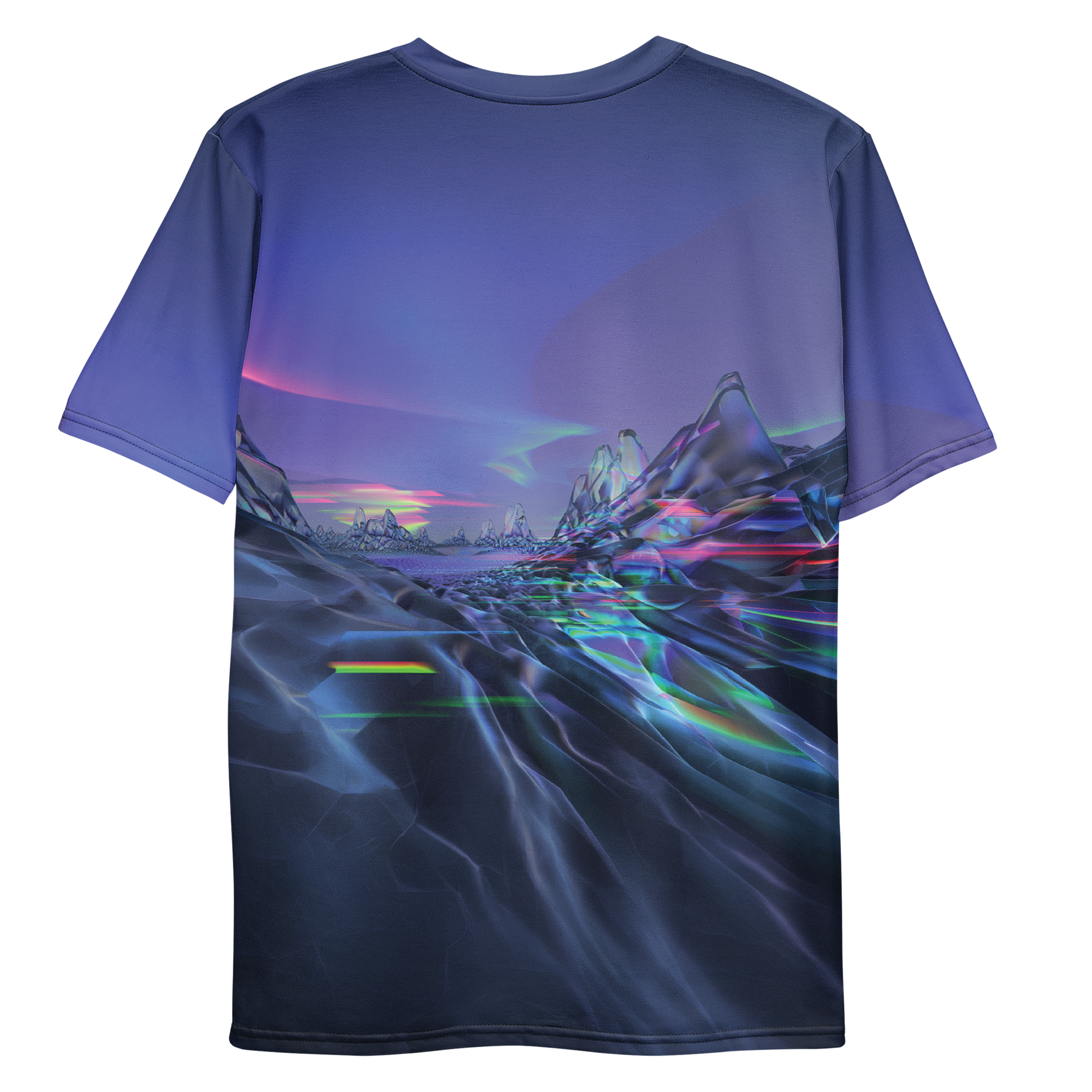 All-over print T-shirt with surreal futuristic abstract artwork with geometric landscape and glowing light in a digital space, color gradient on each sleeve, back flat lay