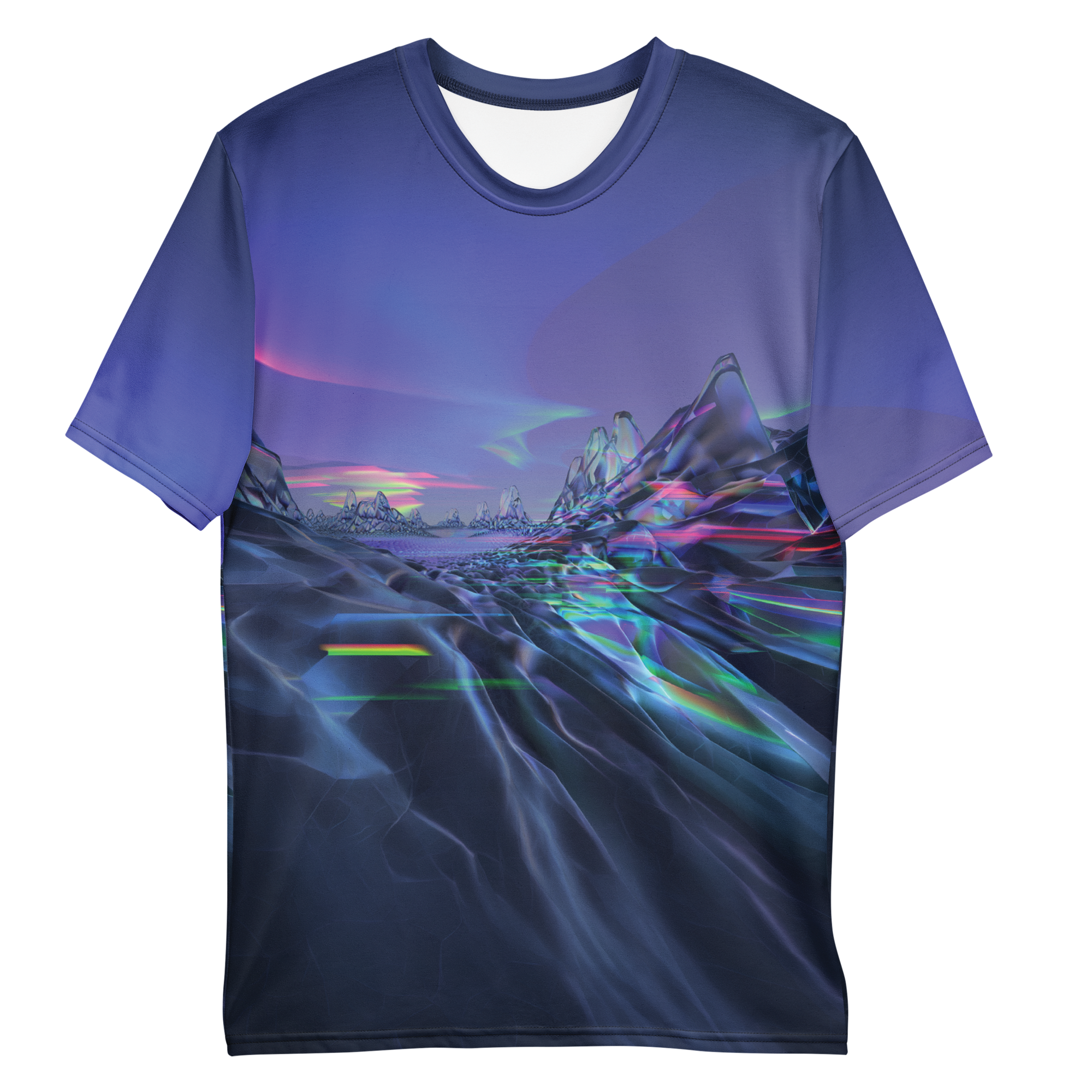 All-over print T-shirt with surreal futuristic abstract artwork with geometric landscape and glowing light in a digital space, color gradient on each sleeve, front flat lay