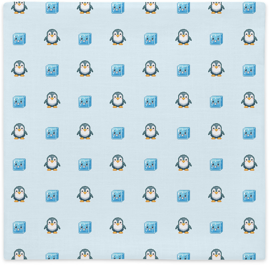 Pillow cover with penguin and ice cubes pattern, flat lay