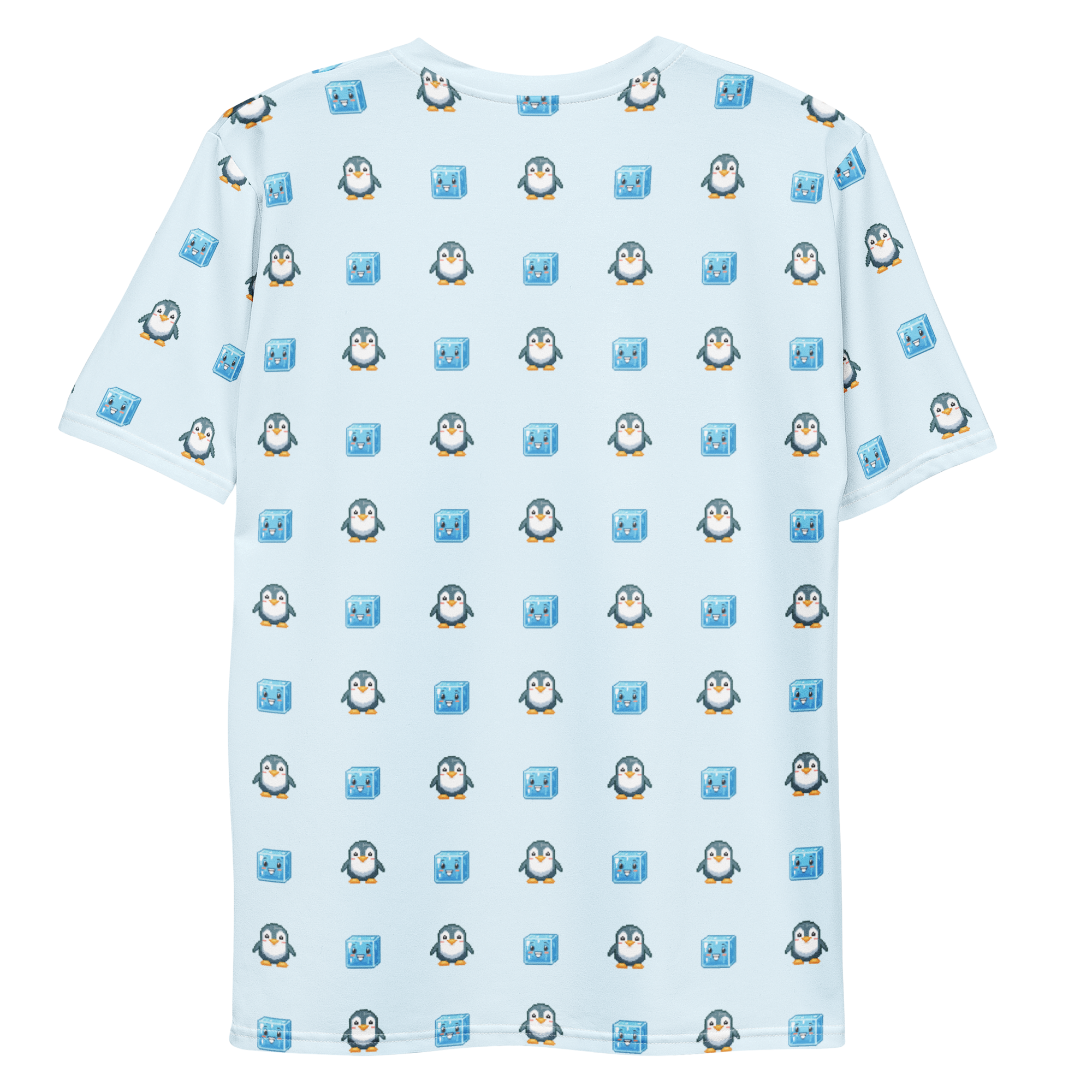 All-over print T-shirt with penguin and ice cubes pattern, penguin and ice cubes pattern on each sleeve, back flat lay