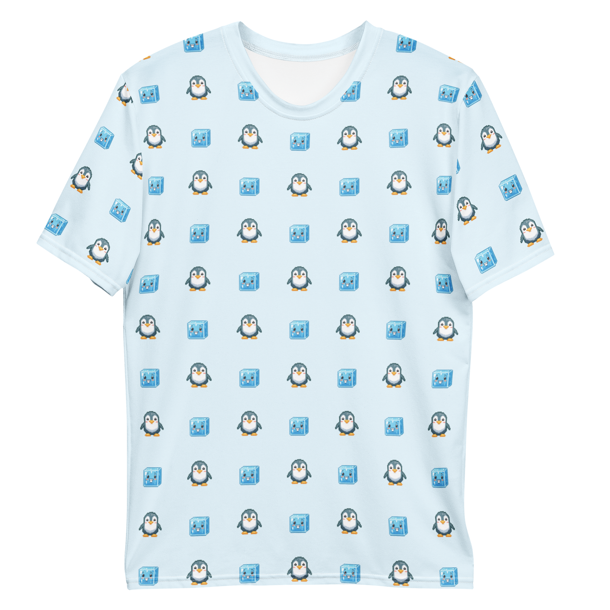 All-over print T-shirt with penguin and ice cubes pattern, penguin and ice cubes pattern on each sleeve, front flat lay