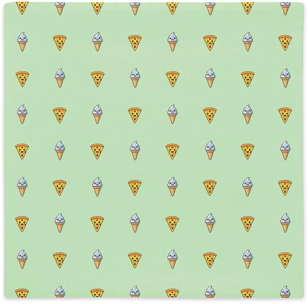 Pillow cover with pizza and ice cream pattern, flat lay