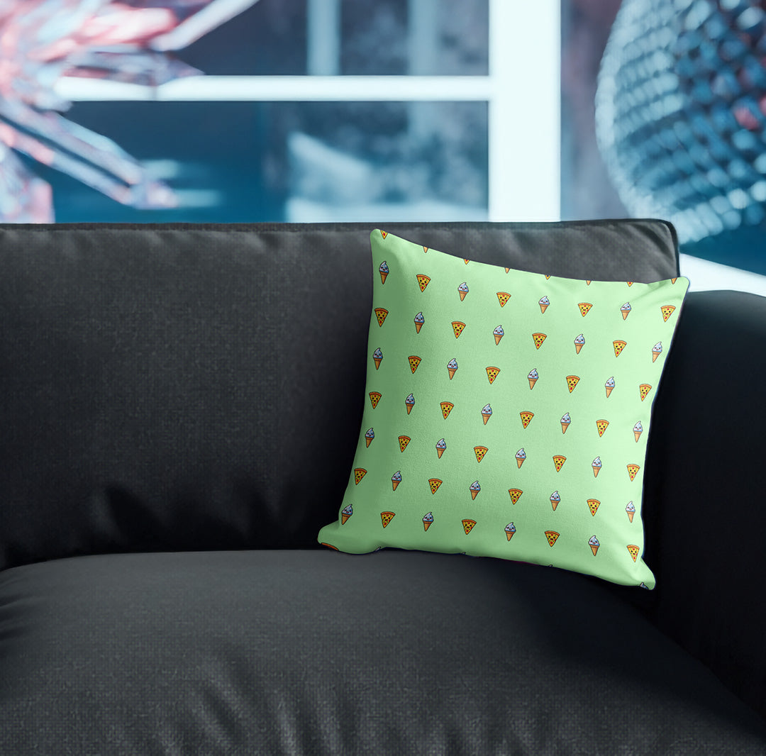 Pillow with pizza and ice cream pattern on couch