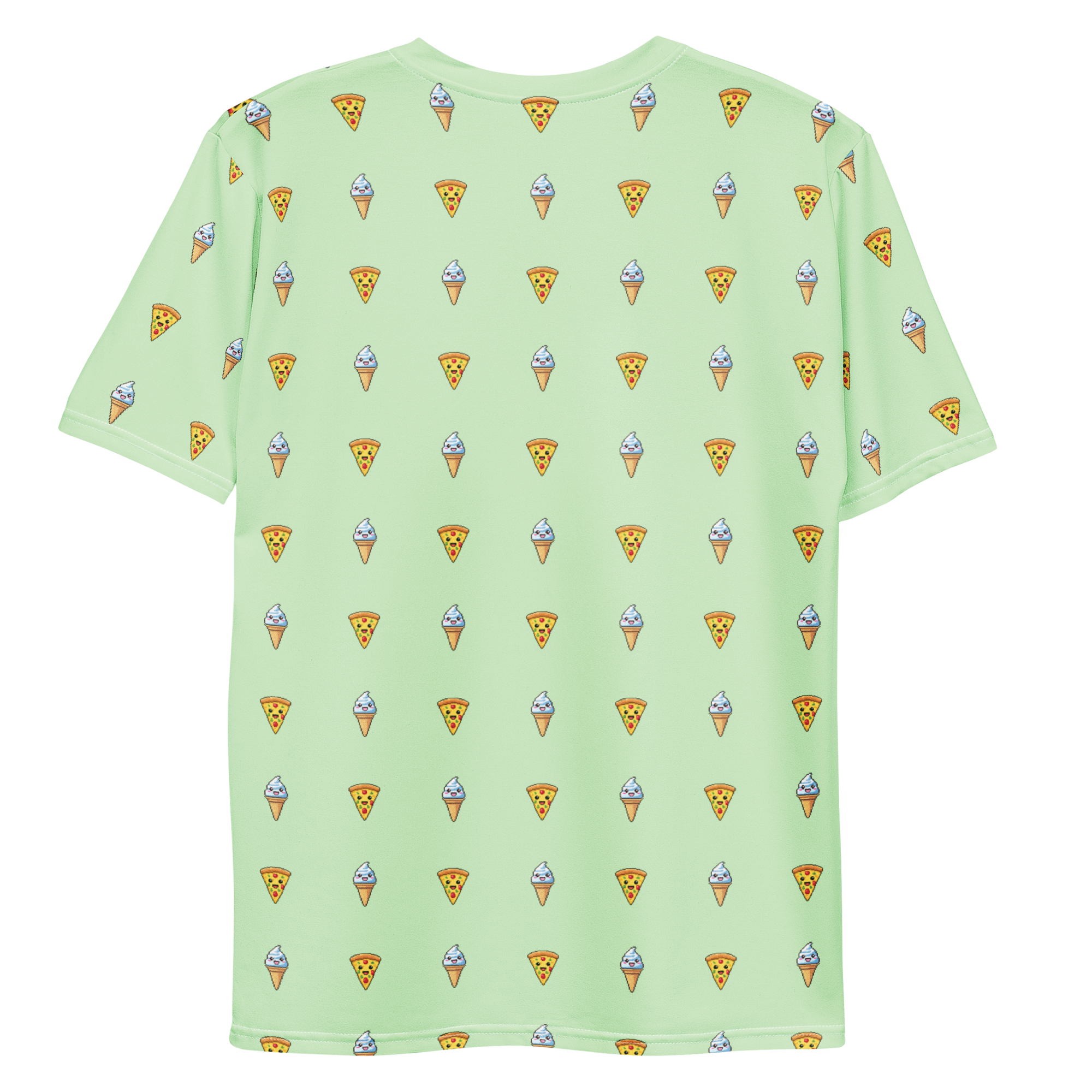 All-over print T-shirt with pizza and ice cream pattern, pizza and ice cream pattern on each sleeve, back flat lay