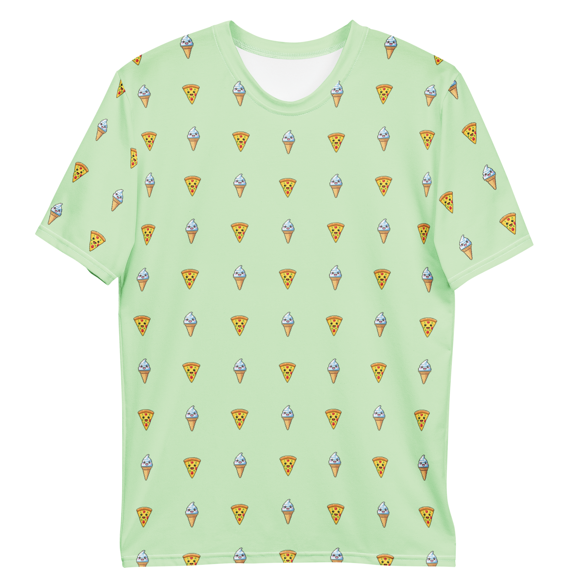 All-over print T-shirt with pizza and ice cream pattern, pizza and ice cream pattern on each sleeve, front flat lay