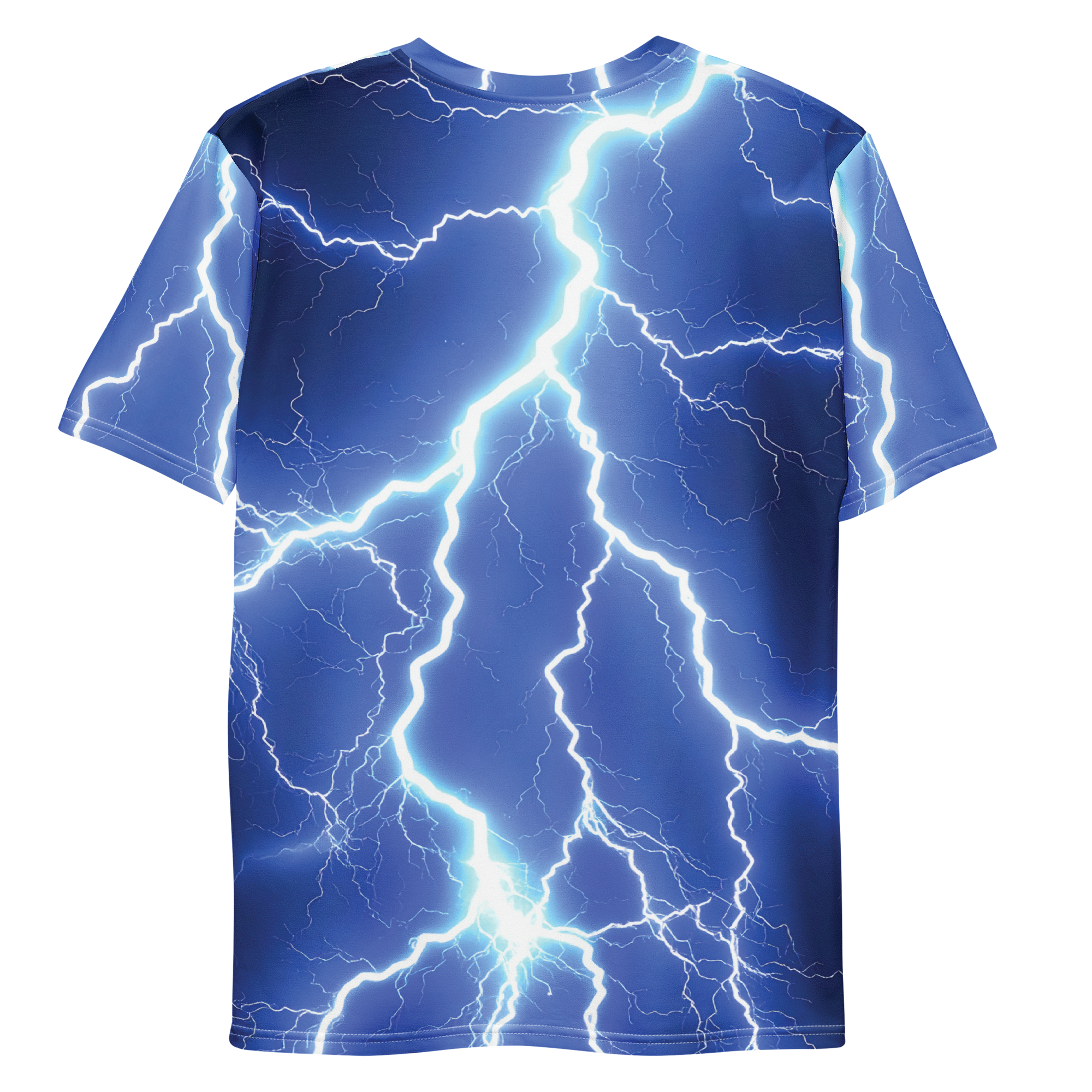 All-over print T-shirt with lightning bolt pattern, lightning bolt pattern on each sleeve, back flat lay