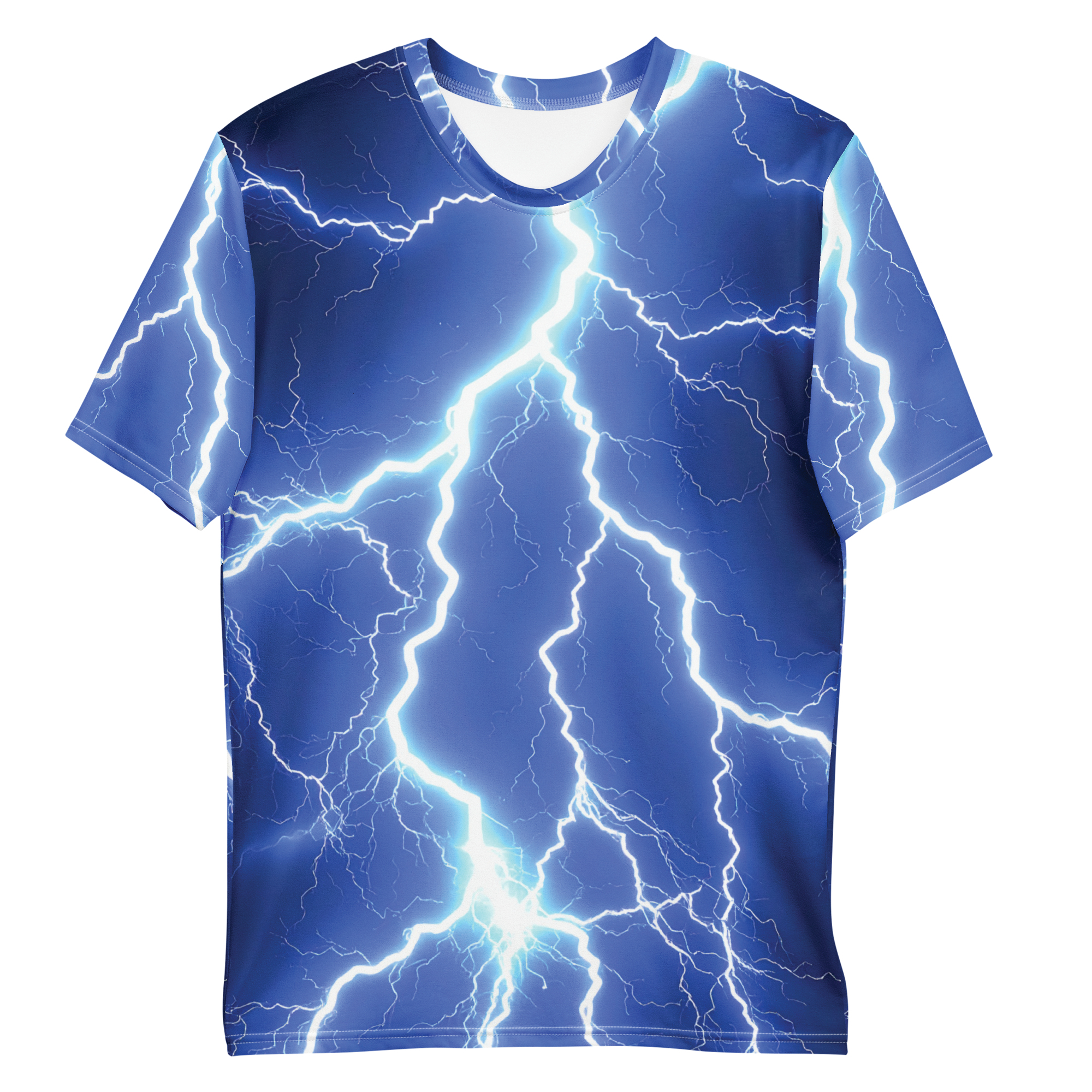 All-over print T-shirt with lightning bolt pattern, lightning bolt pattern on each sleeve, front flat lay