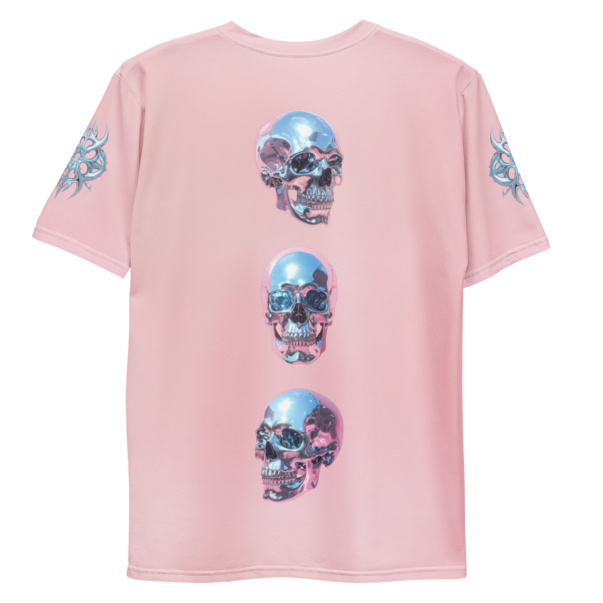 All-over print T-shirt with three vertically stacked skulls, chrome symbol on each sleeve, front flat lay