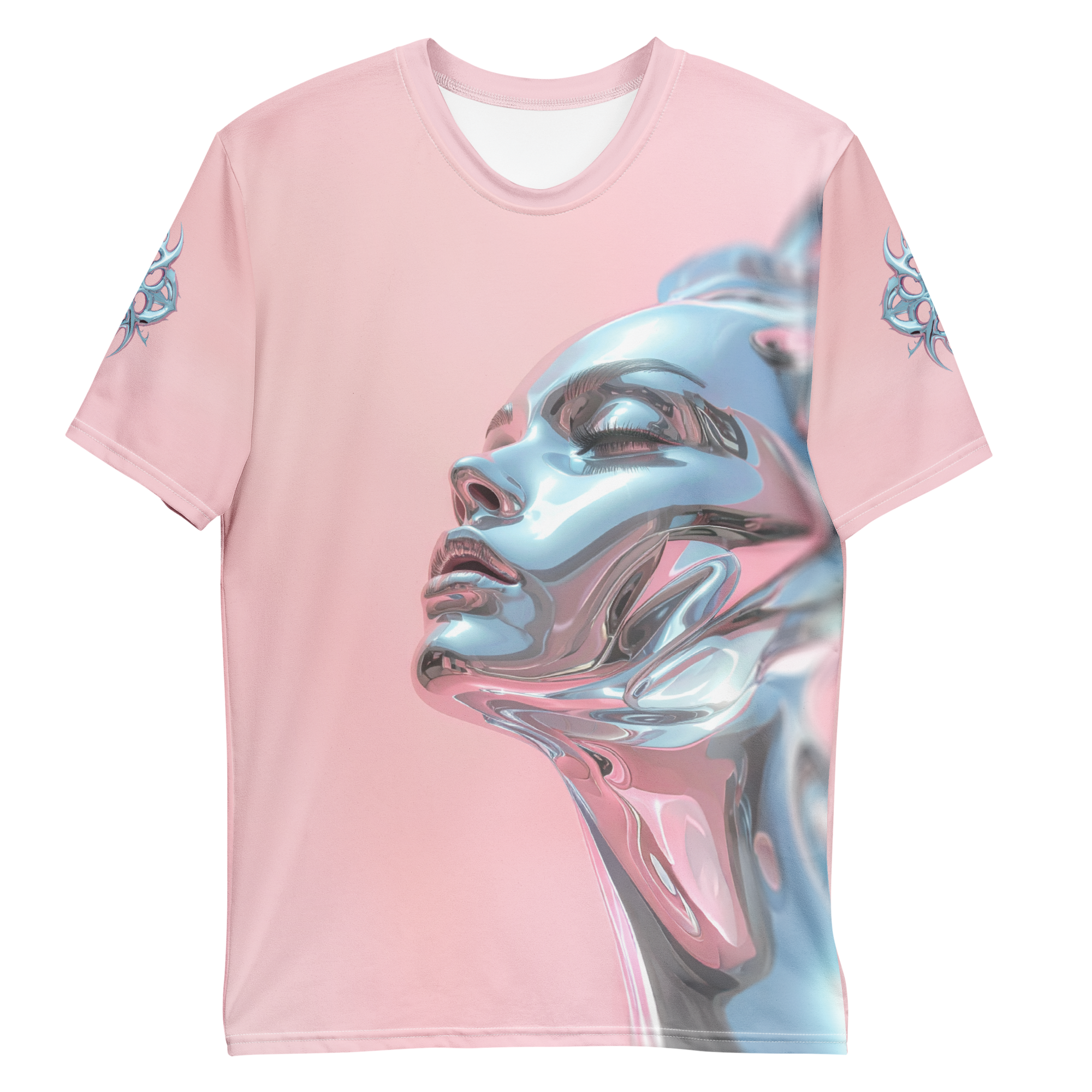 All-over print T-shirt with chrome face artwork, chrome symbol on each sleeve, front flat lay