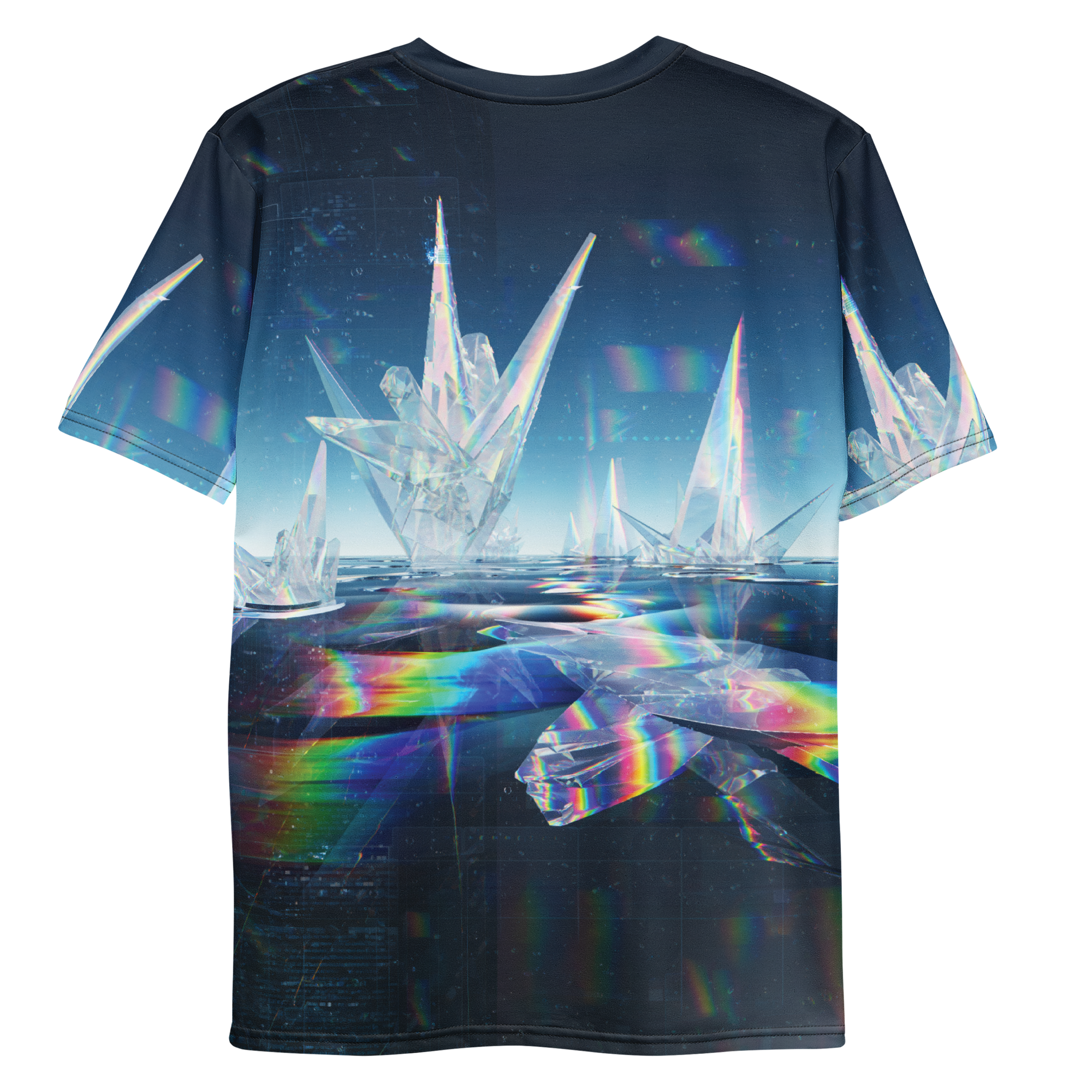 All-over print T-shirt with surreal futuristic abstract artwork with floating shapes and glowing light in a digital space, abstract design on each sleeve, back flat lay