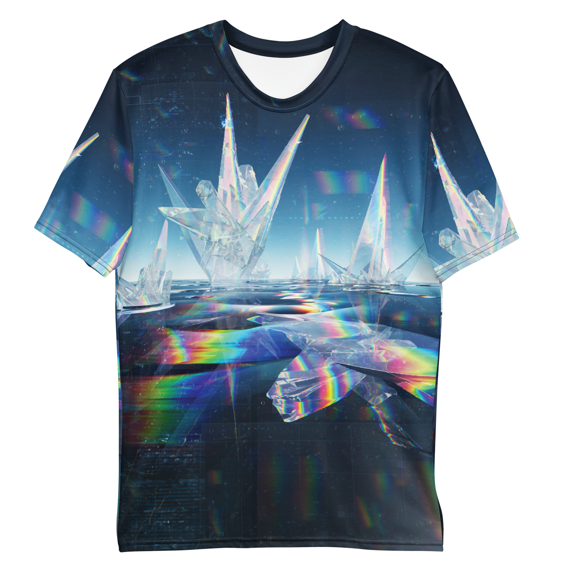 All-over print T-shirt with surreal futuristic abstract artwork with floating shapes and glowing light in a digital space, abstract design on each sleeve, front flat lay