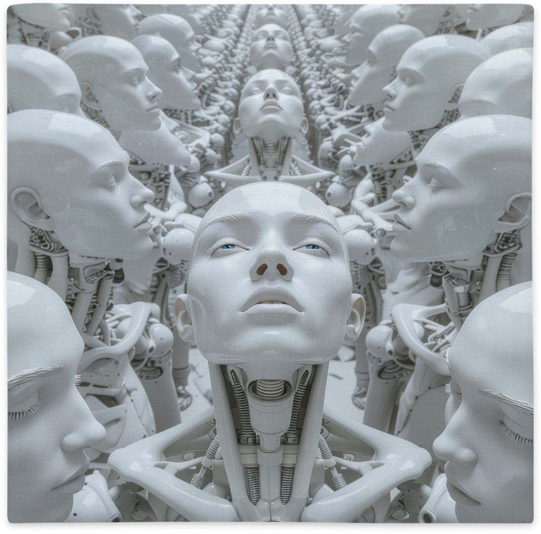 Pillow cover with stylized figure surrounded by intricate abstract artwork, flat lay