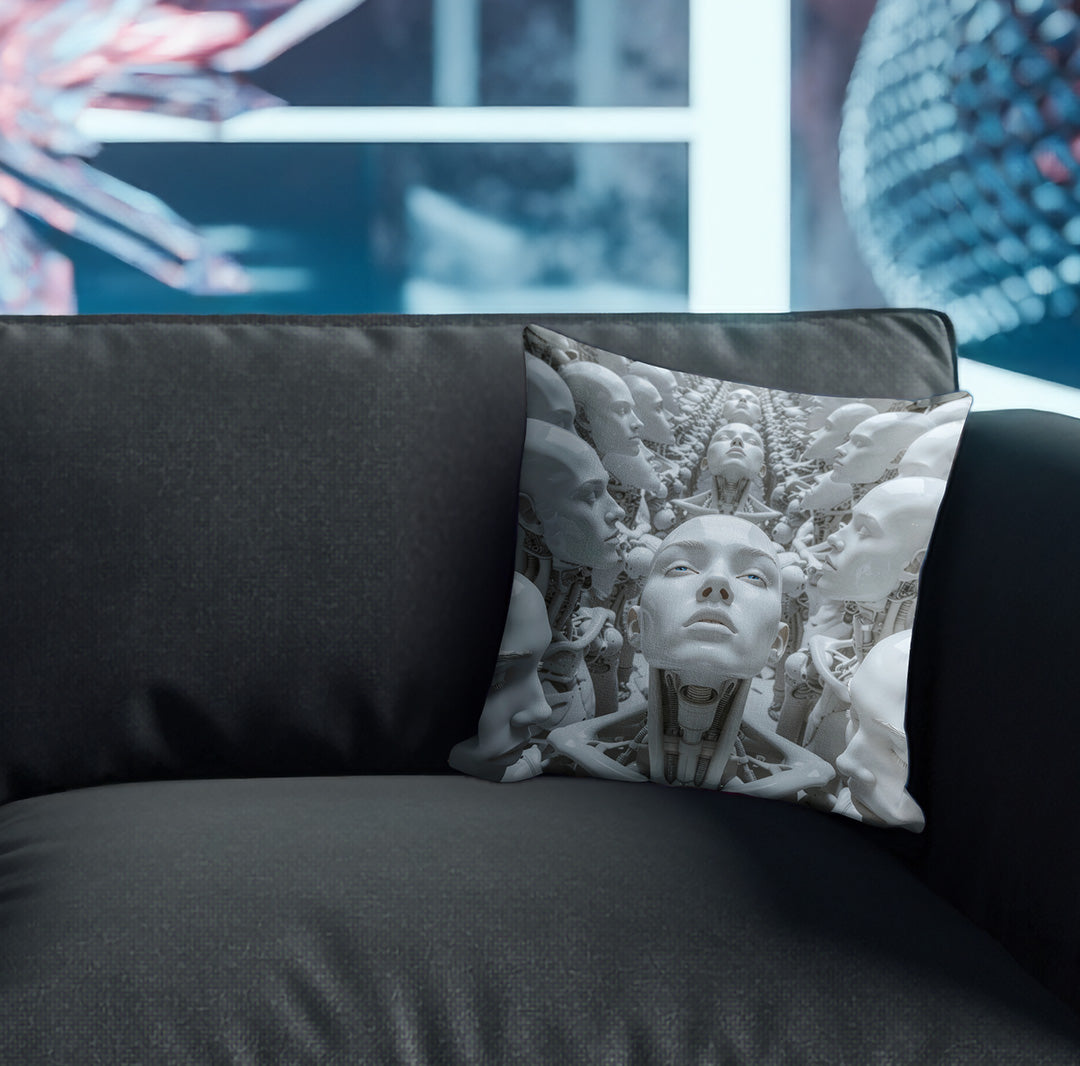 Pillow with stylized figure surrounded by intricate abstract artwork on couch